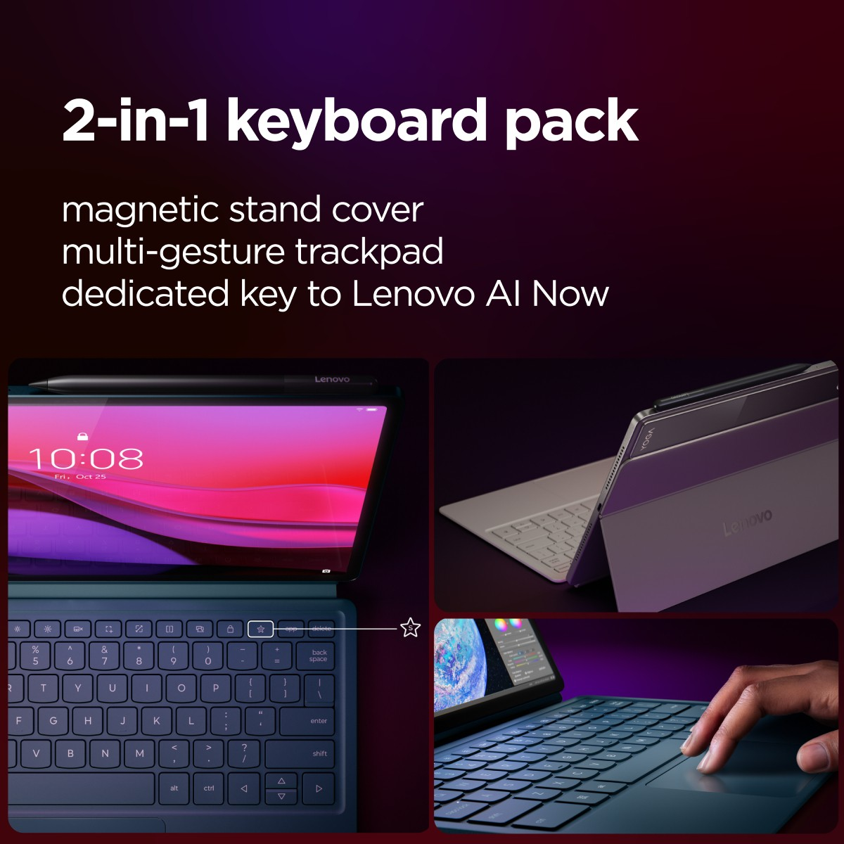 L'immagine mostra un pacchetto tastiera 2-in-1 con tablet e tastiera. Include un touchpad e un tasto dedicato per Lenovo AI Now.