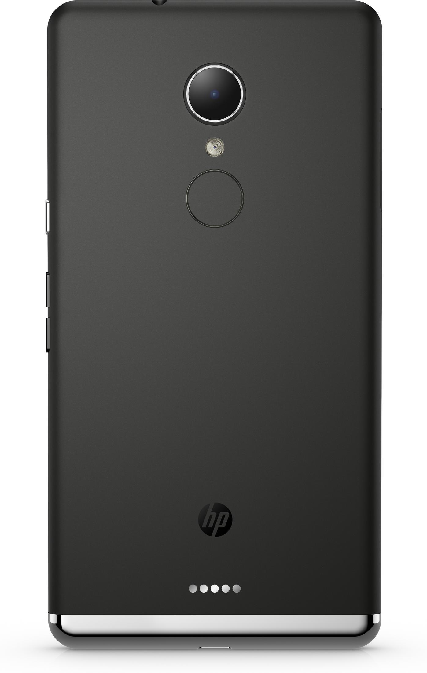 Rückseite eines dunkelgrauen HP-Smartphones. Es hat eine Kamera, einen Blitz und einen Fingerabdrucksensor. Das HP-Logo befindet sich unten.