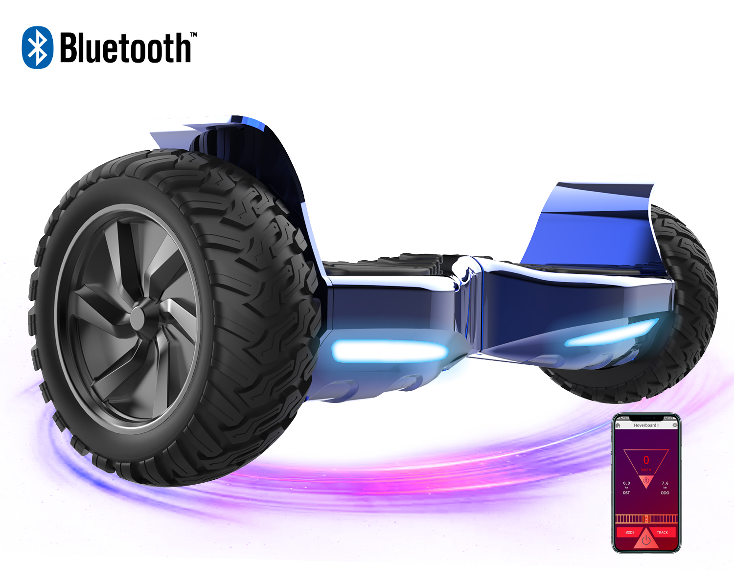 Niebieski hoverboard z dużymi oponami. Telefon wyświetla prędkość. Logo Bluetooth u góry. Fioletowe smugi światła poniżej.