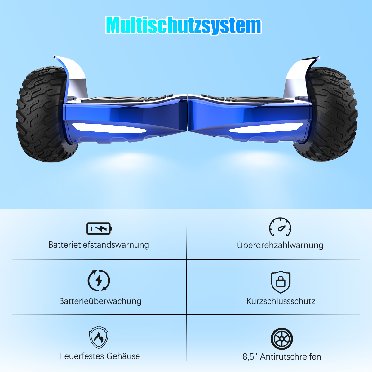 Ein blaues Hoverboard mit schwarzen Reifen wird gezeigt. Darunter befinden sich Symbole für Batterie, Geschwindigkeit und Sicherheitsmerkmale.