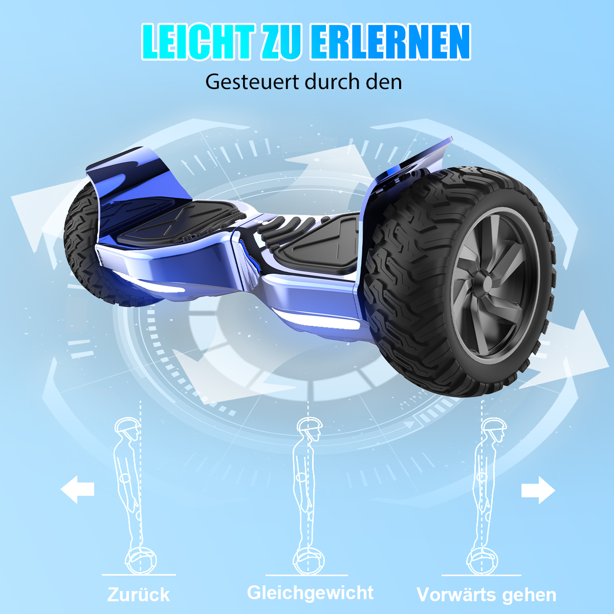 Ein blaues Hoverboard mit großen Reifen wird mit Diagrammen gezeigt. Der Text lautet 'leicht zu erlernen'. Diagramme zeigen Gleichgewicht und Bewegungsrichtungen.