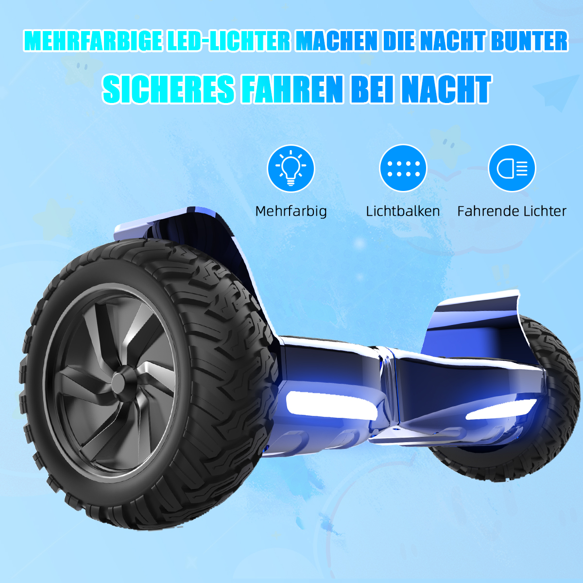 Niebieski hoverboard z dużymi kołami, podświetlony. U góry napis: 'Wielokolorowe światła LED sprawiają, że noc jest bardziej kolorowa'.