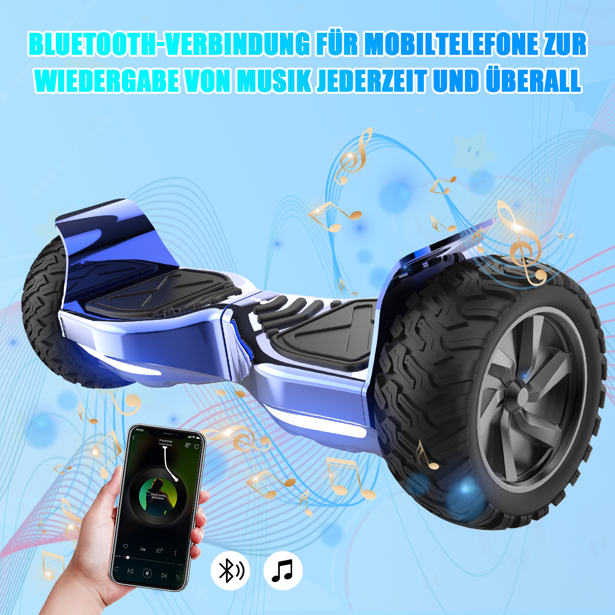 Niebieska deskorolka z dużymi kołami, telefon z muzyką i nutami. Tło jest jasnoniebieskie.