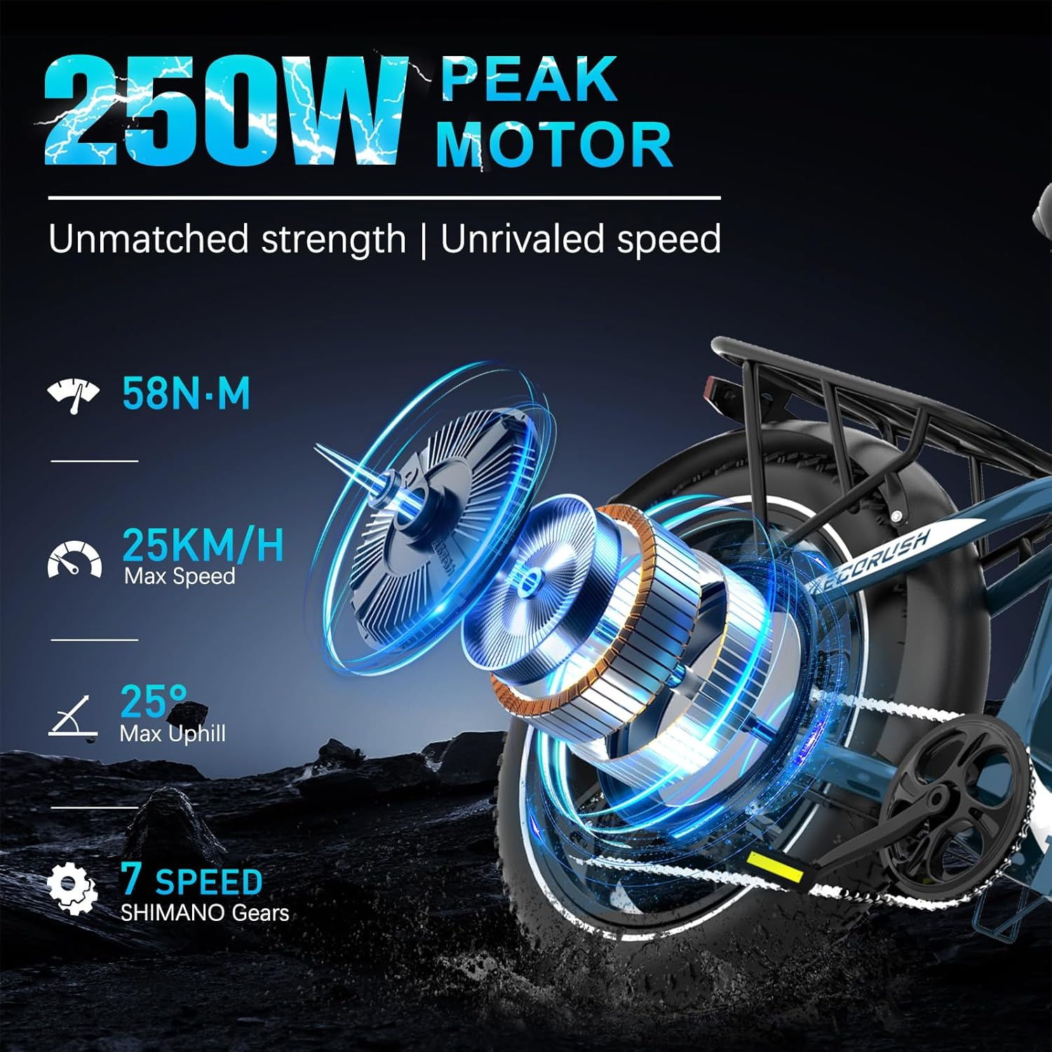 Een elektrische fietsmotor. Kenmerken: 250W piek, 25km/u max. snelheid, 25 graden max. helling, en 7 versnellingen Shimano.