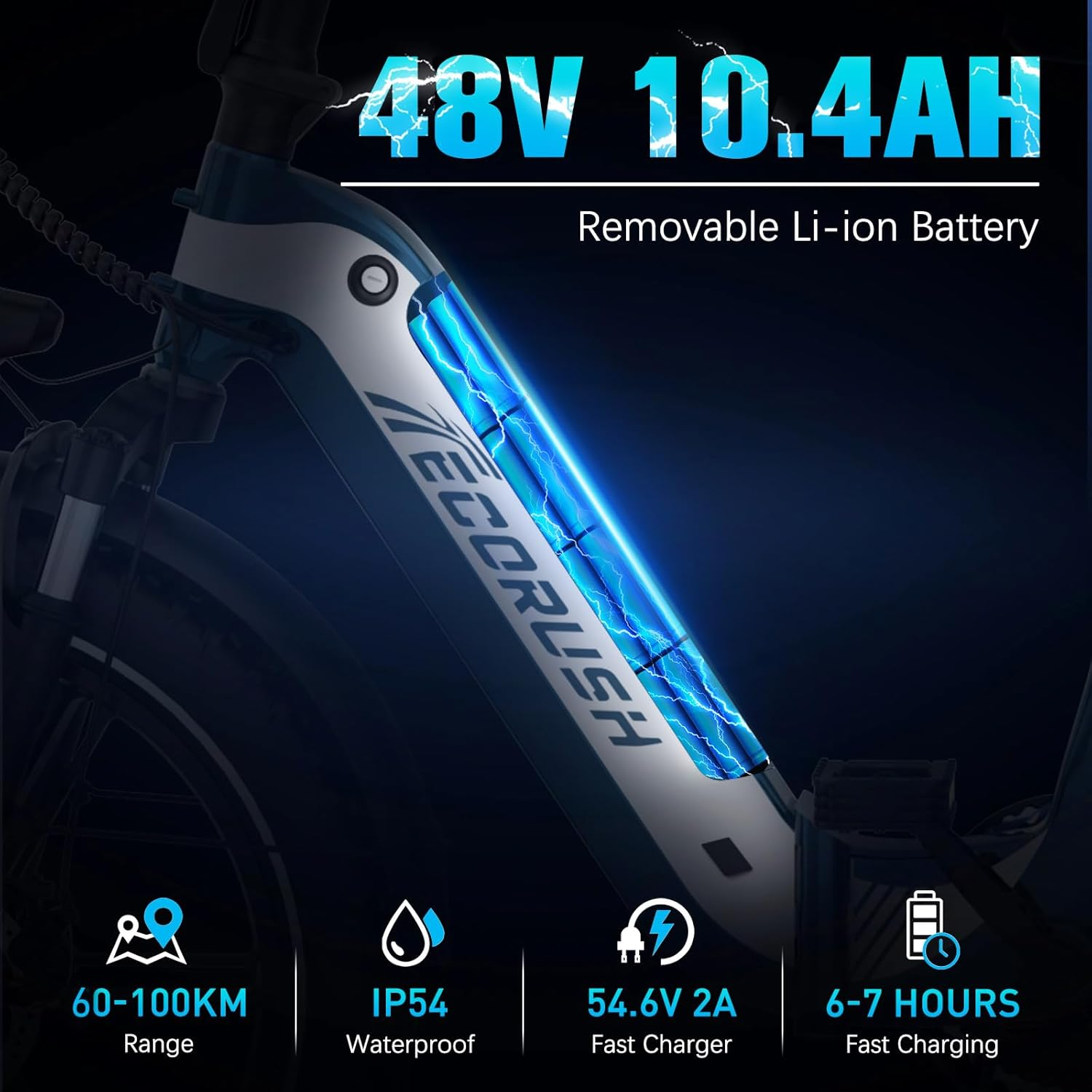 Een elektrische fiets met een blauw en wit frame, met batterijdetails: 48V 10.4AH, uitneembare Li-ion batterij en andere specificaties.