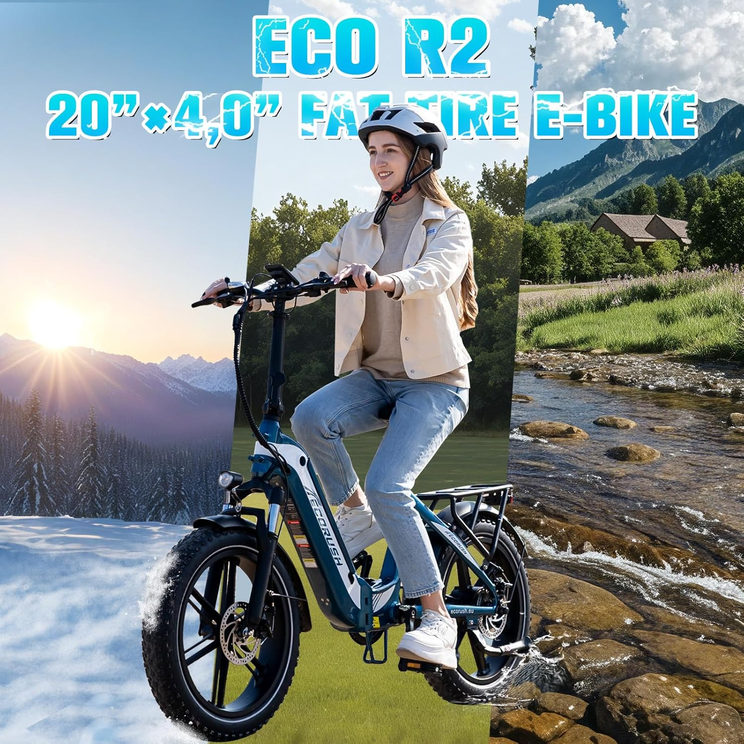 Une femme fait du vélo électrique. Le vélo est bleu et noir. Le fond montre des montagnes, une rivière et un paysage d'hiver.
