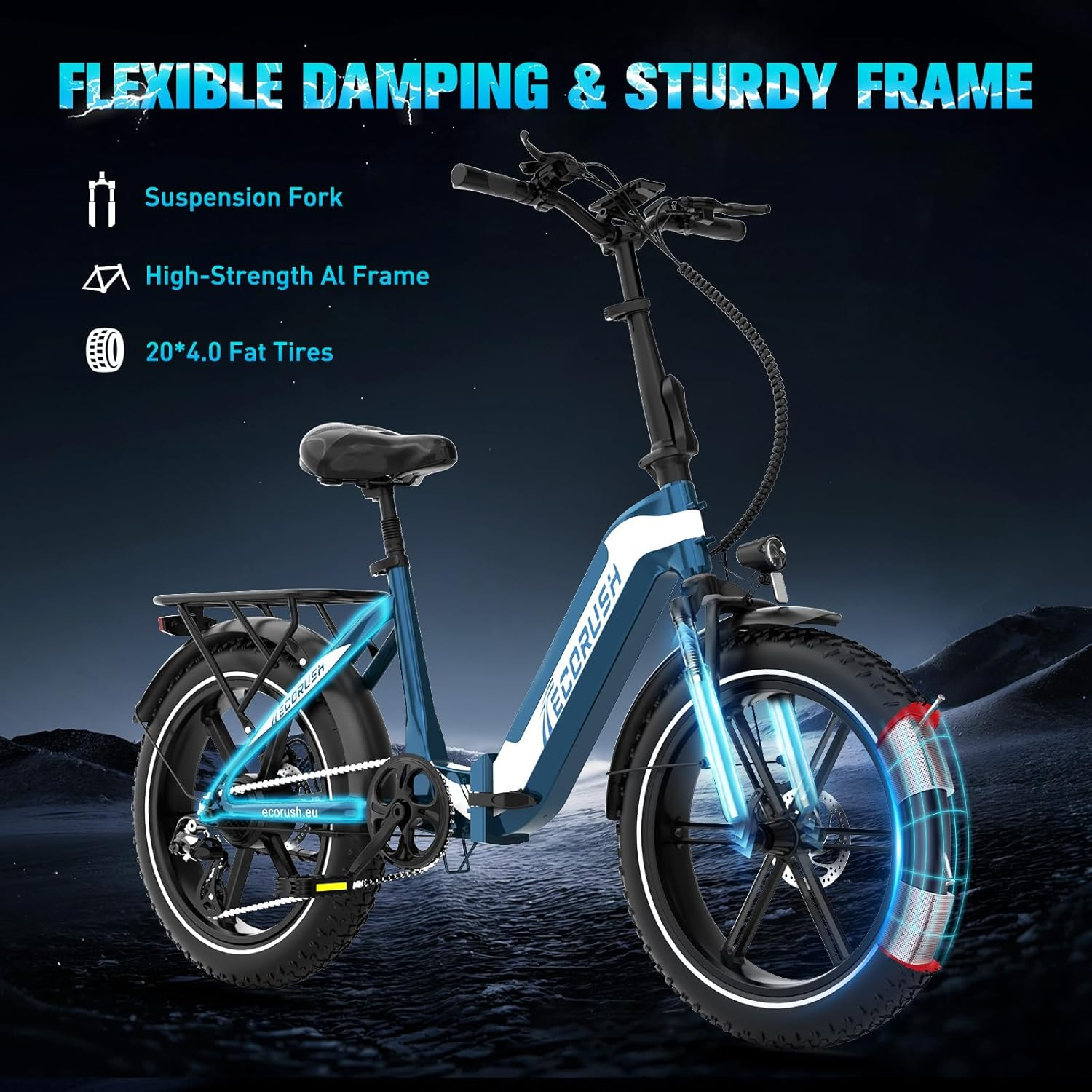 Een elektrische fiets met een blauw-wit frame, zwarte banden en de tekst 'ECORUSH'.