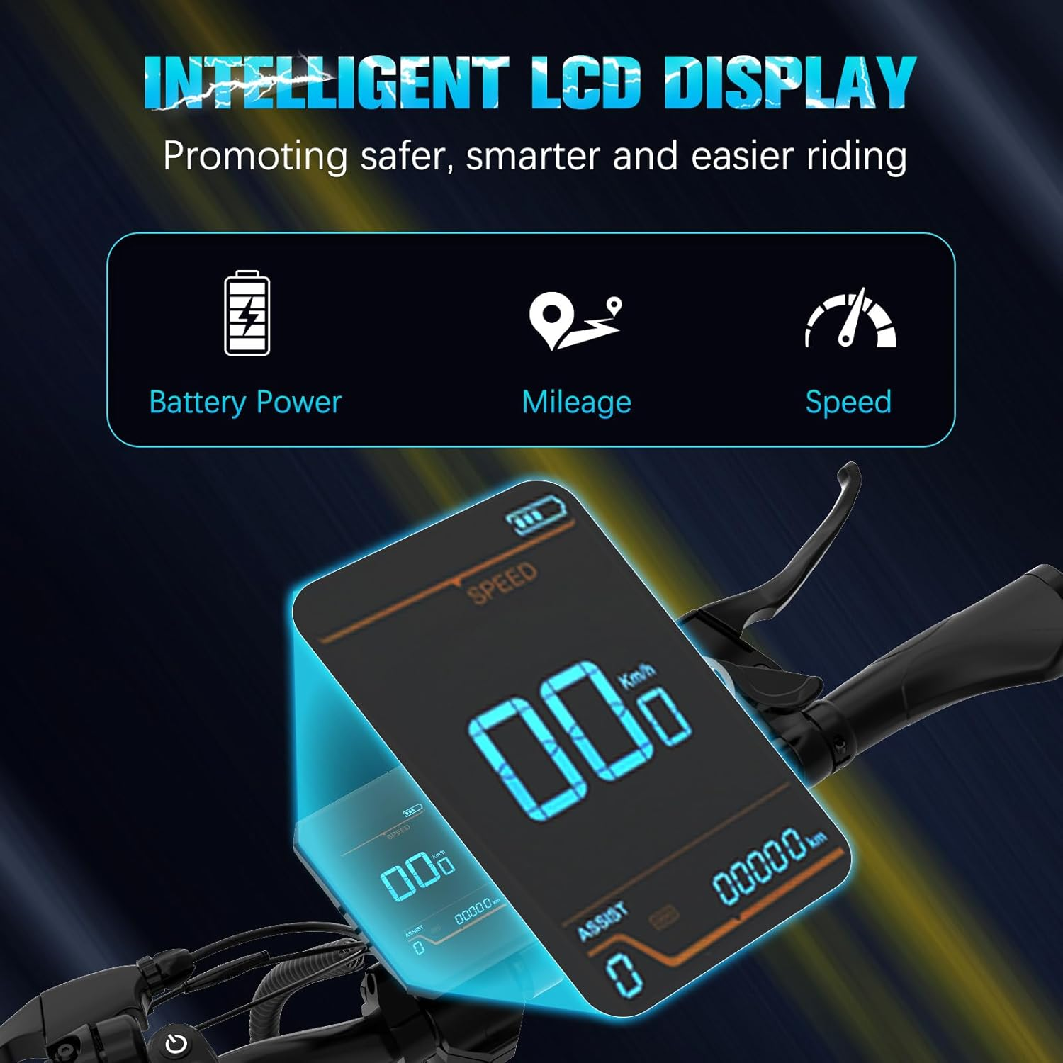 Un écran de trottinette électrique affiche la vitesse, la batterie et le kilométrage. Le texte dit 'écran LCD intelligent'. L'écran affiche des zéros pour la vitesse et la distance.
