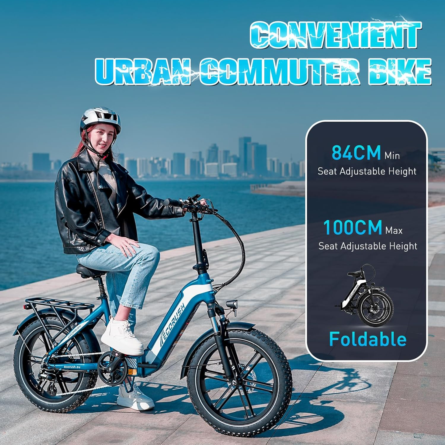 Une femme avec un casque est assise sur un vélo bleu. Texte "Convenient Urban Commuter Bike" en haut. Infos sur la hauteur du siège et pliable.