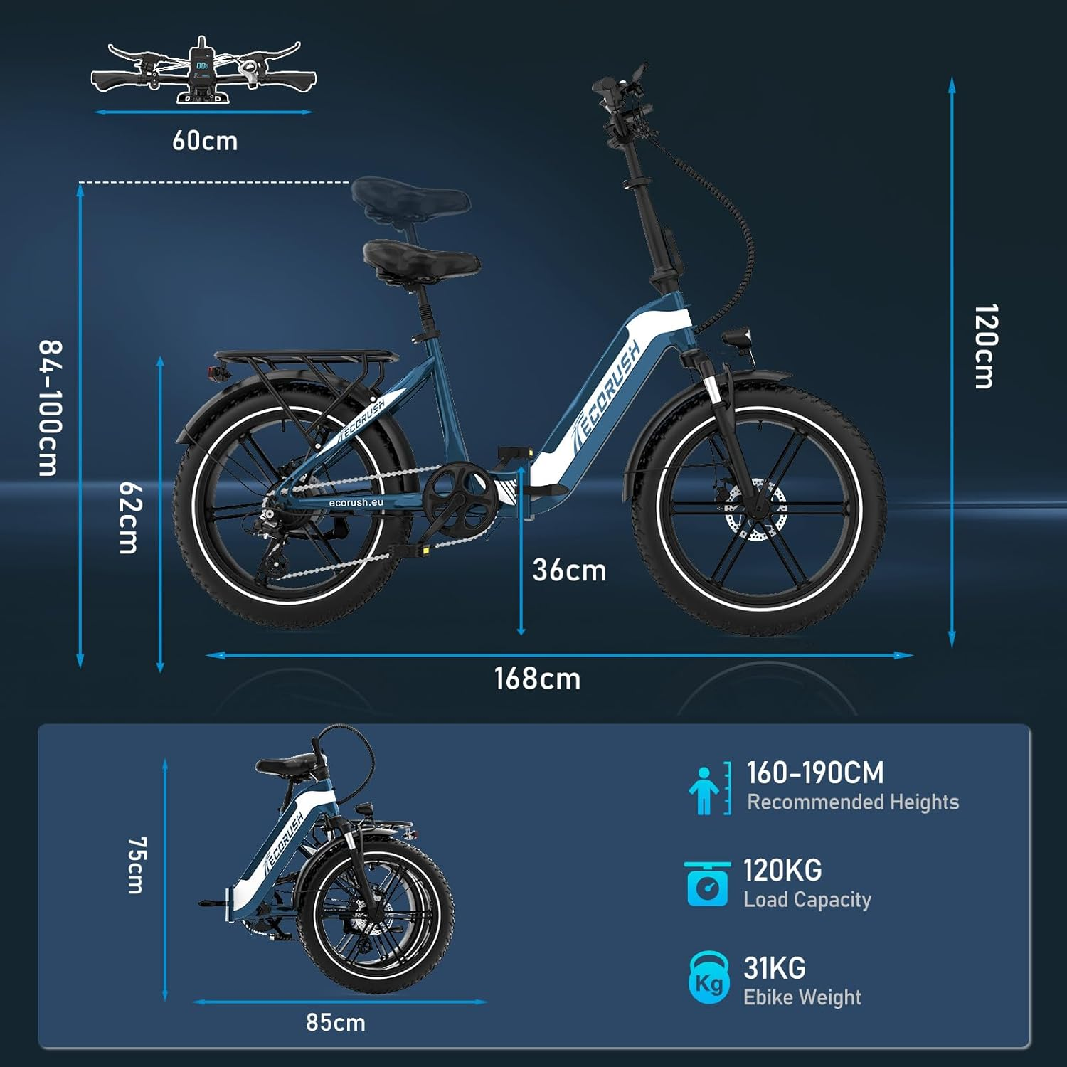 Een blauwe opvouwbare e-bike met witte accenten. Afmetingen worden weergegeven. Informatie omvat laadvermogen, gewicht en aanbevolen hoogtes.