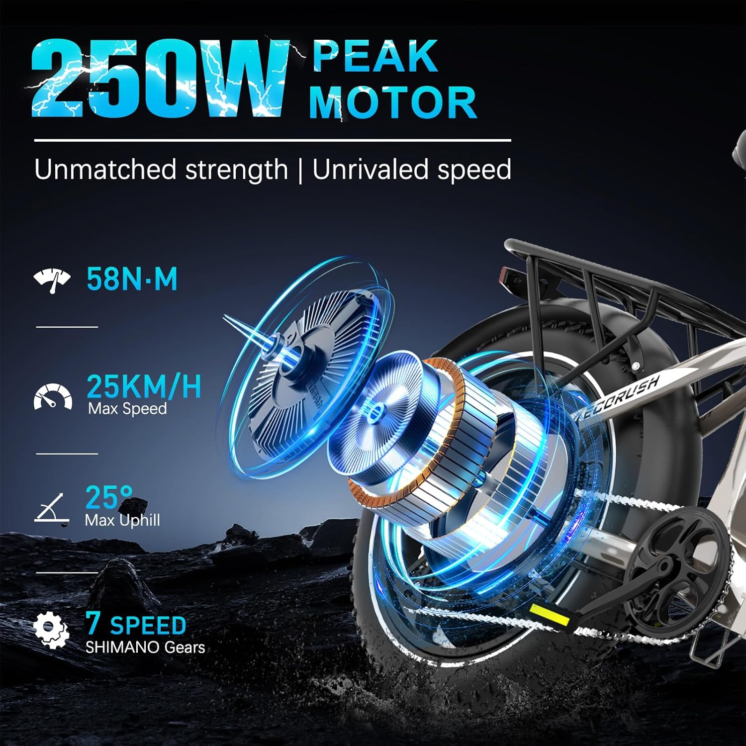 Un vélo électrique affiche les spécifications du moteur : 250 W, 58 N·m, vitesse maximale de 25 km/h, pente maximale de 25° et 7 vitesses Shimano.