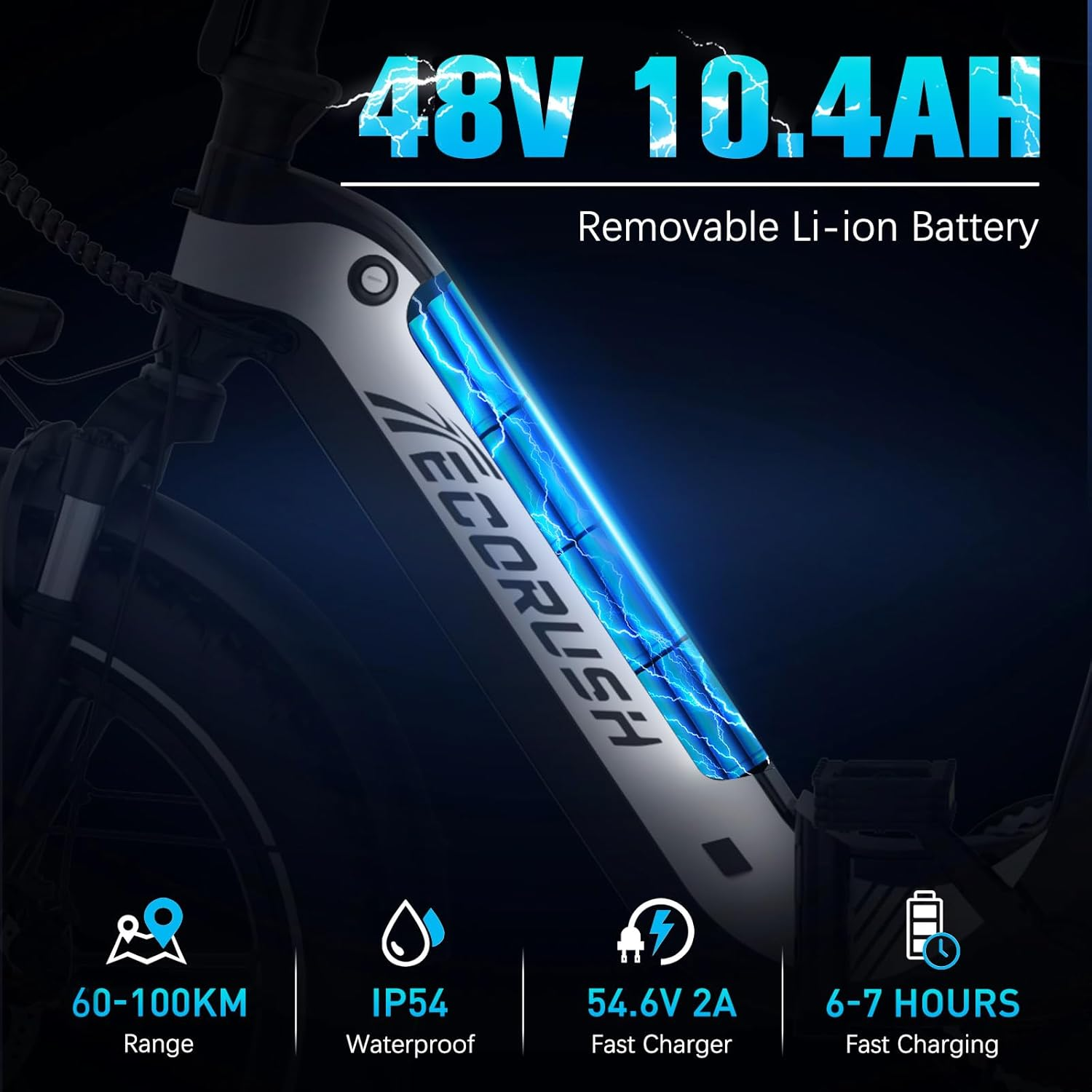 Vélo électrique avec batterie 48V 10.4AH, Li-ion amovible, portée 60-100KM, IP54 étanche, chargeur rapide 54.6V 2A, charge rapide 6-7 heures.
