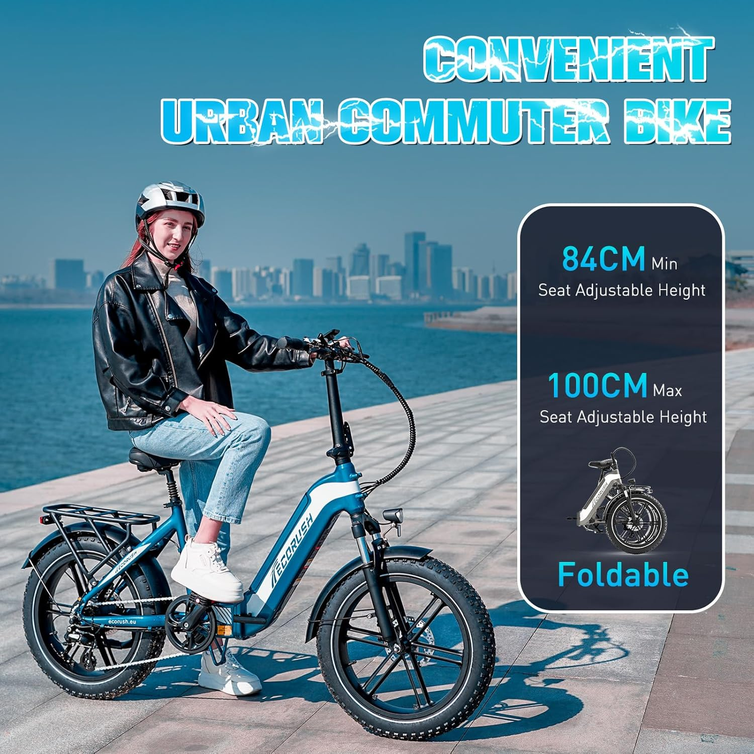 Une femme avec un casque est assise sur un vélo électrique bleu. Le texte dit 'Vélo de banlieue urbain pratique' et des informations sur la hauteur du siège sont affichées.