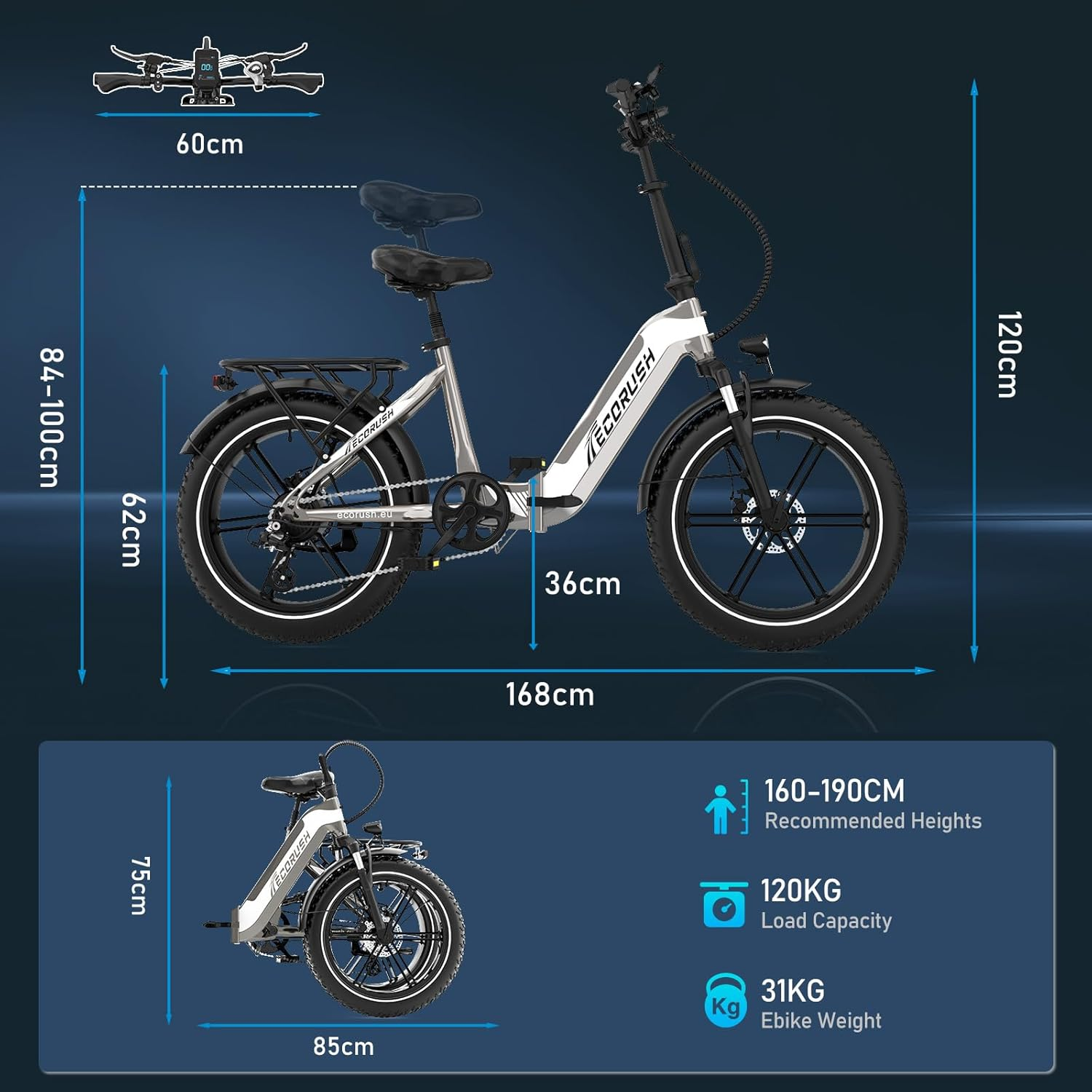 Un vélo électrique avec dimensions. Il est argenté et noir, plié et déplié, avec spécifications : hauteur 160-190cm, charge 120kg et poids 31kg.