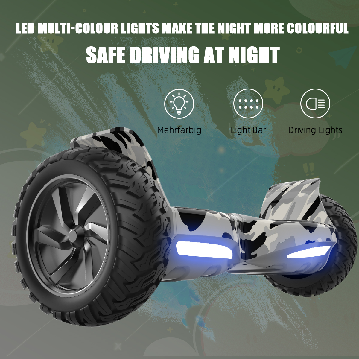 Kamo hoverboard z niebieskimi światłami na zielonym tle. Tekst głosi: "Bezpieczna jazda w nocy".