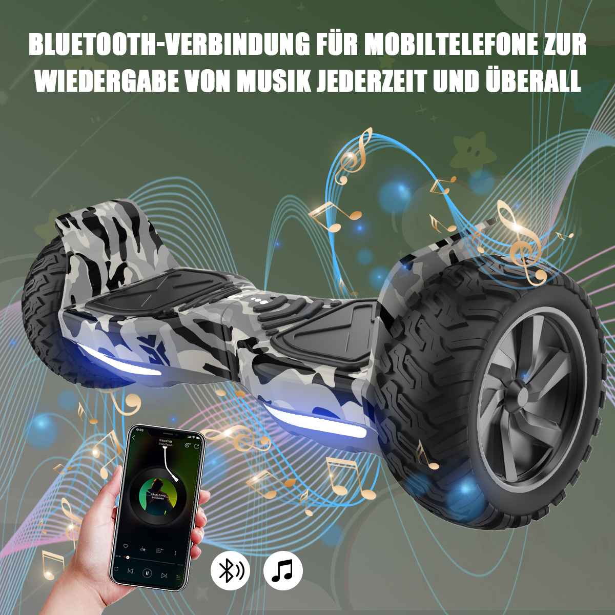 Hoverboard z kamuflażem. Telefon pokazuje muzykę. Nuty muzyczne unoszą się. Tło jest zielone z liniami.