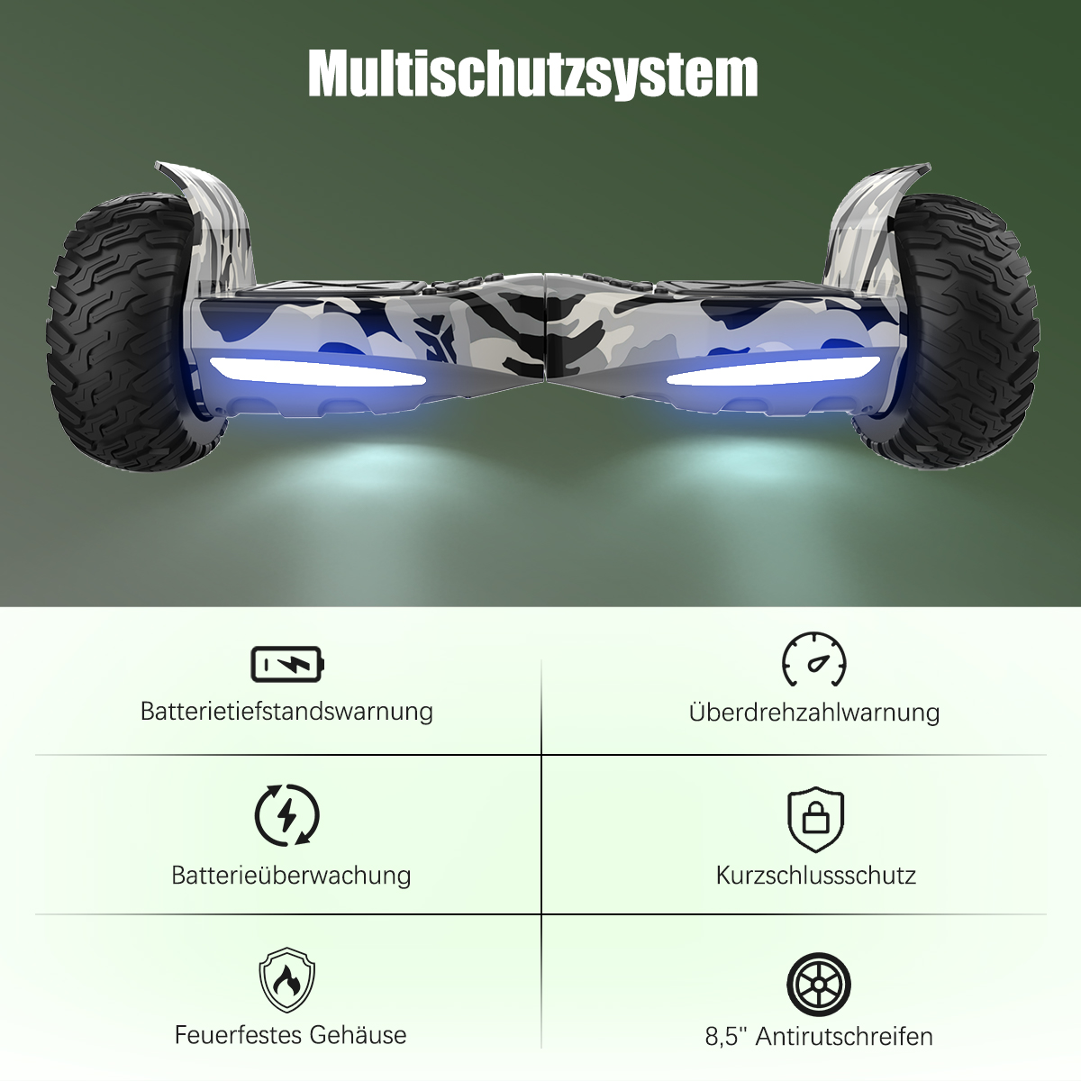 Hoverboard mit Tarnmuster, großen Reifen und blauen Lichtern. Text oben: Multischutzsystem. Funktionen mit Symbolen unten.