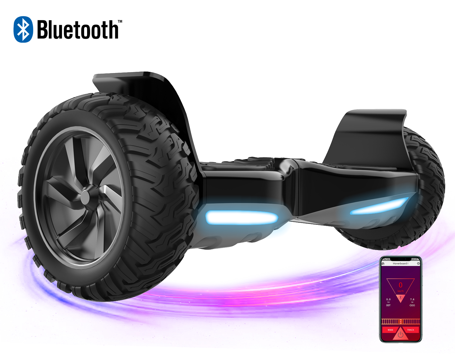 Czarny hoverboard z dużymi oponami i logo Bluetooth. Telefon wyświetla szczegóły prędkości. Fioletowe i różowe smugi światła.