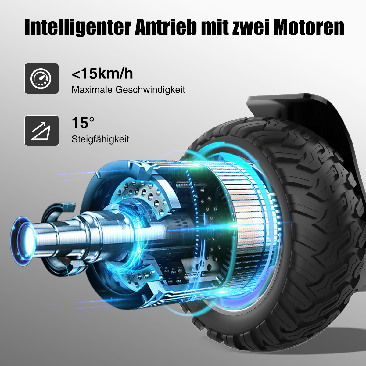 Das Bild zeigt die innere Mechanik eines Hoverboards. Text zeigt Geschwindigkeits- und Steigfähigkeiten. Der Reifen ist schwarz.