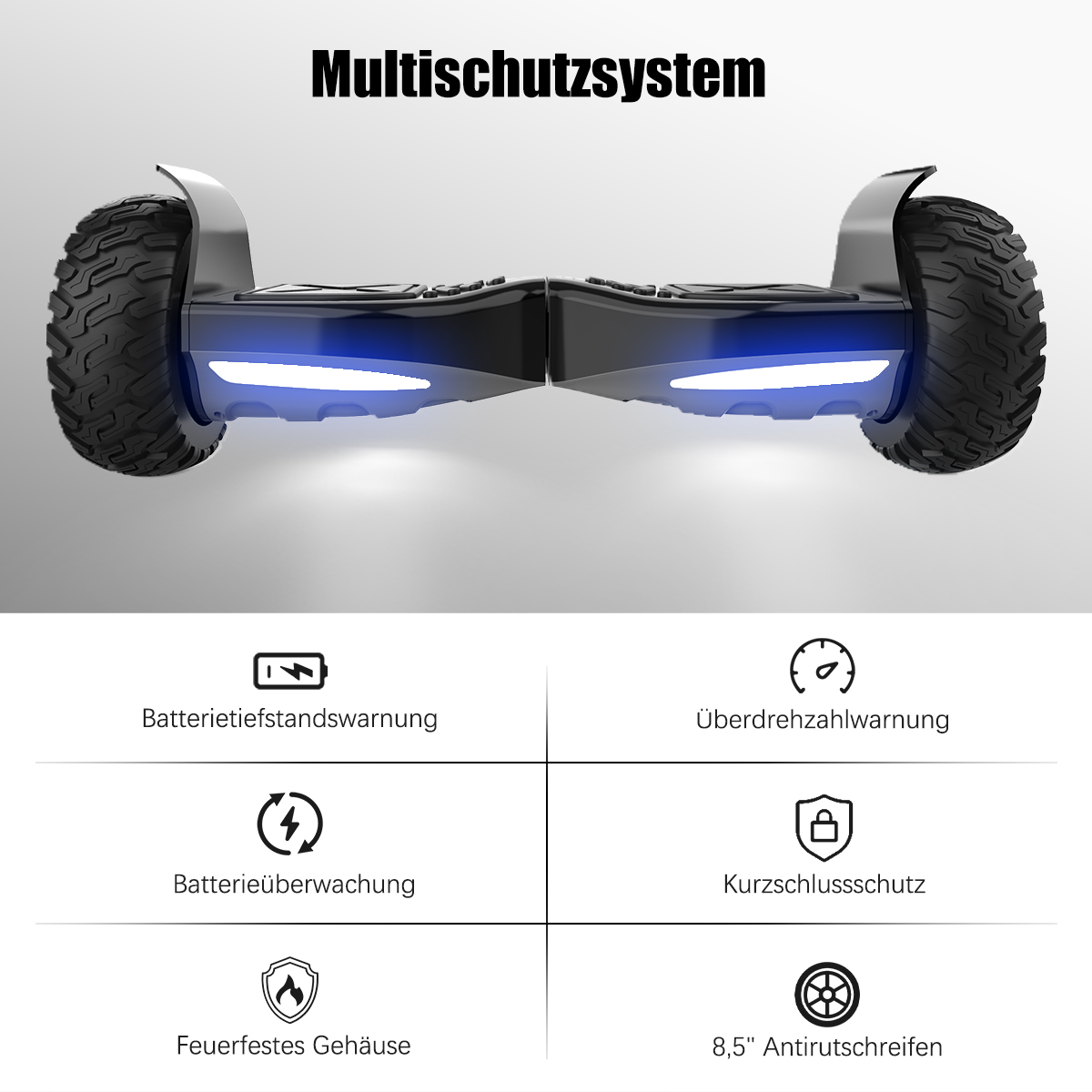 Schwarzes Hoverboard mit großen Reifen und blauen Lichtern. Text enthält 'Multischutzsystem' und Sicherheitsmerkmale mit deutschen Beschreibungen.