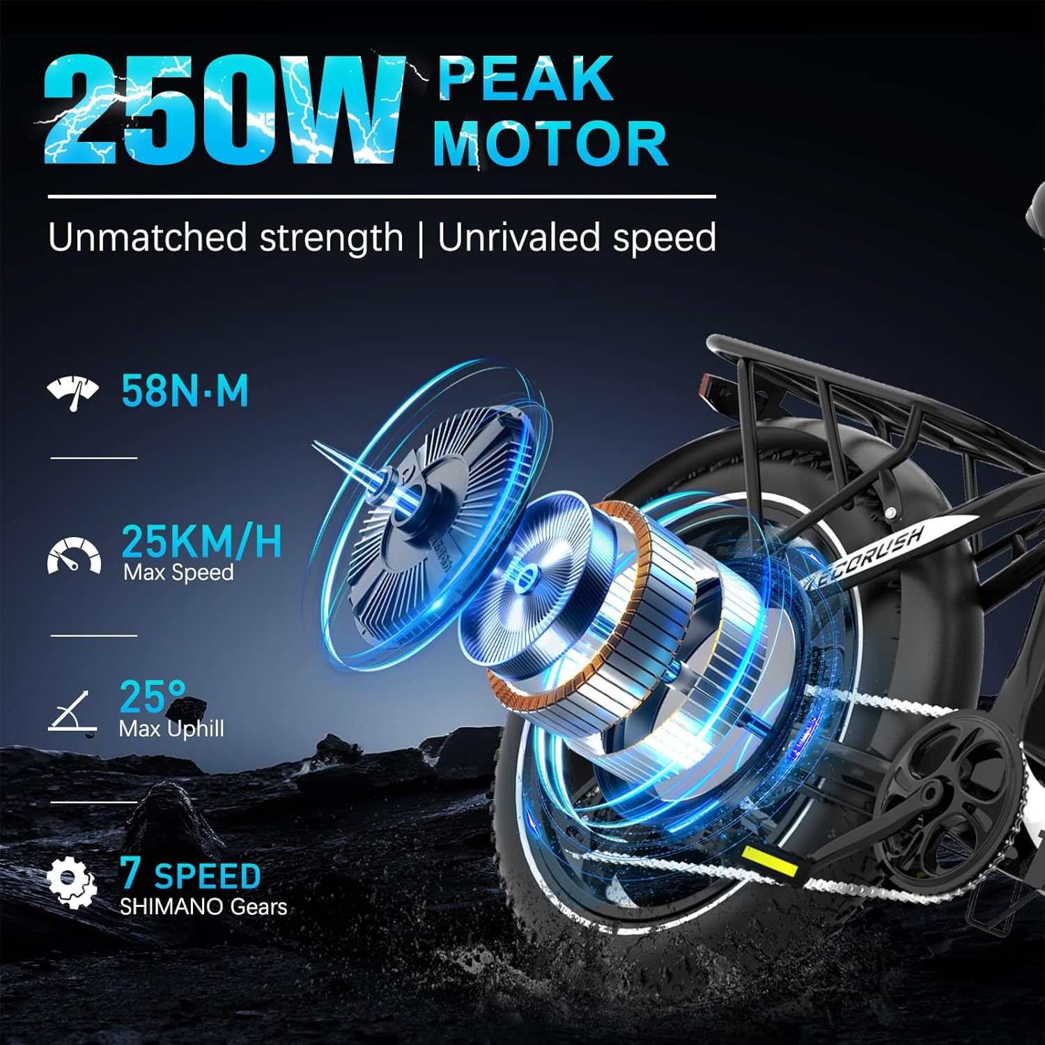 Un moteur et des composants de vélo électrique sont mis en évidence, avec des statistiques comme 250W, 25KM/H vitesse max. Le vélo est noir.