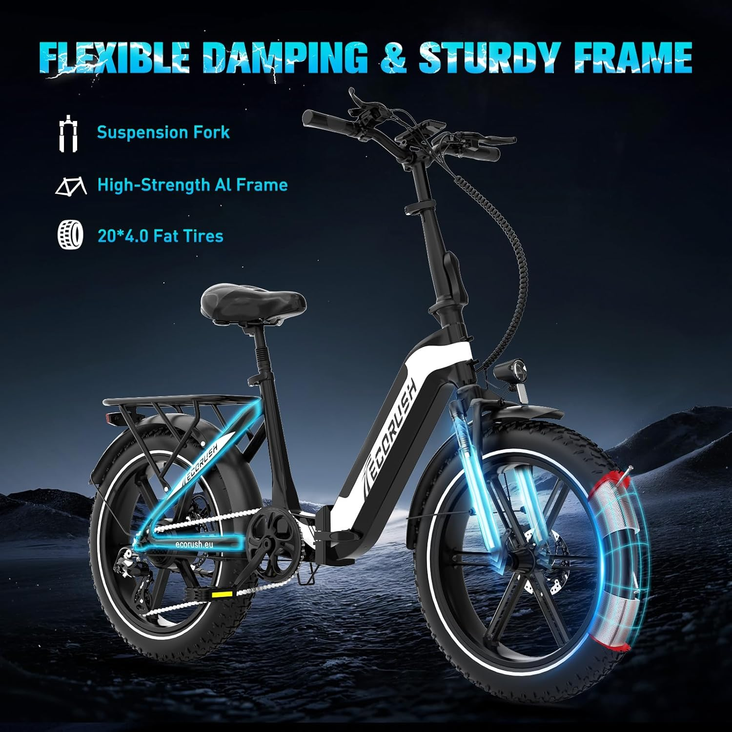 Un vélo électrique avec des pneus larges est affiché sur un fond sombre. Le vélo a des accents noirs et blancs, et le texte dit 'Flexible Damping'.