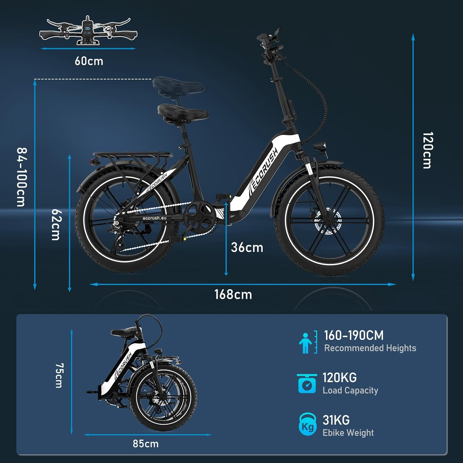 Vélo électrique ECORUSH noir et blanc. Dimensions: 168cm longueur, 120cm hauteur, 60cm largeur guidon. Caractéristiques: capacité et poids.