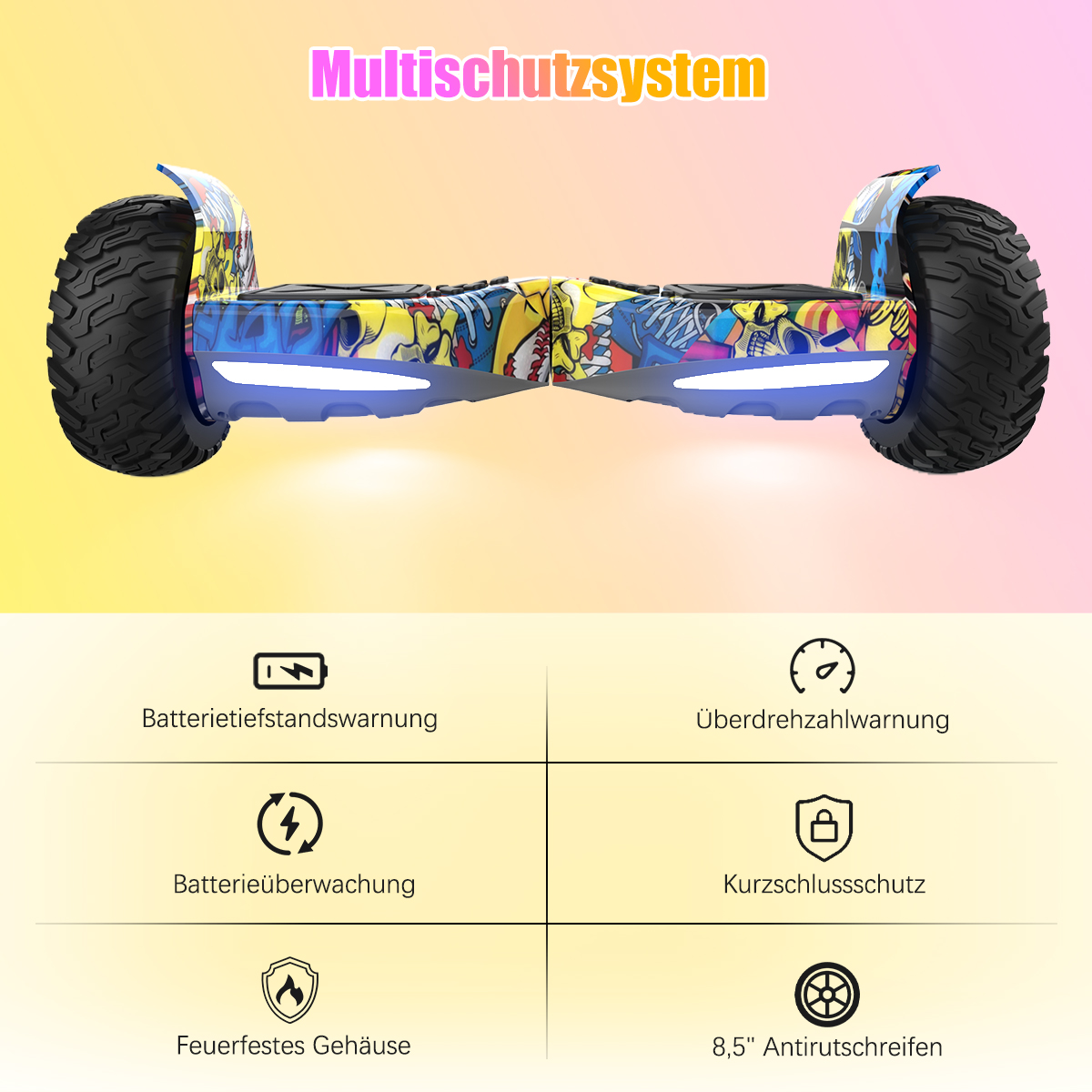 Ein Hoverboard mit schwarzen Reifen und farbenfrohem Design. Text lautet 'Multischutzsystem'. Darunter Symbole mit Text, wie 'Batterie' und '8,5" Reifen'.