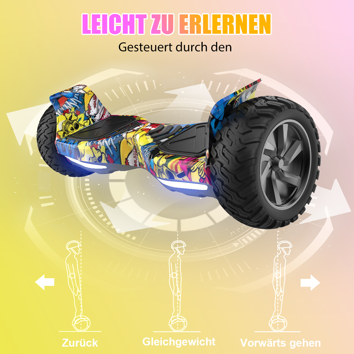 Ein buntes Hoverboard mit großen Rädern. Anweisungen zeigen den Benutzer, der sich nach hinten lehnt, im Gleichgewicht ist und sich vorwärts bewegt. Text sagt 'leicht zu erlernen'.