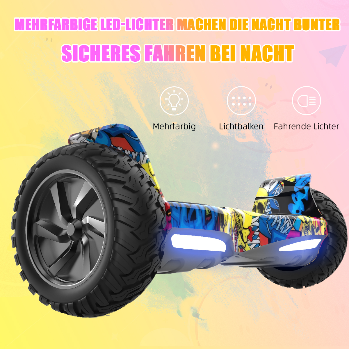 Wyświetlany jest kolorowy hoverboard z dużymi oponami. Obraz zawiera tekst o bezpieczeństwie i światłach.