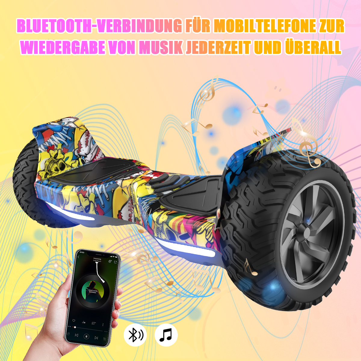 Howerboard z kolorowym graffiti, telefon odtwarzający muzykę, nuty i tekst o odtwarzaniu muzyki przez Bluetooth.