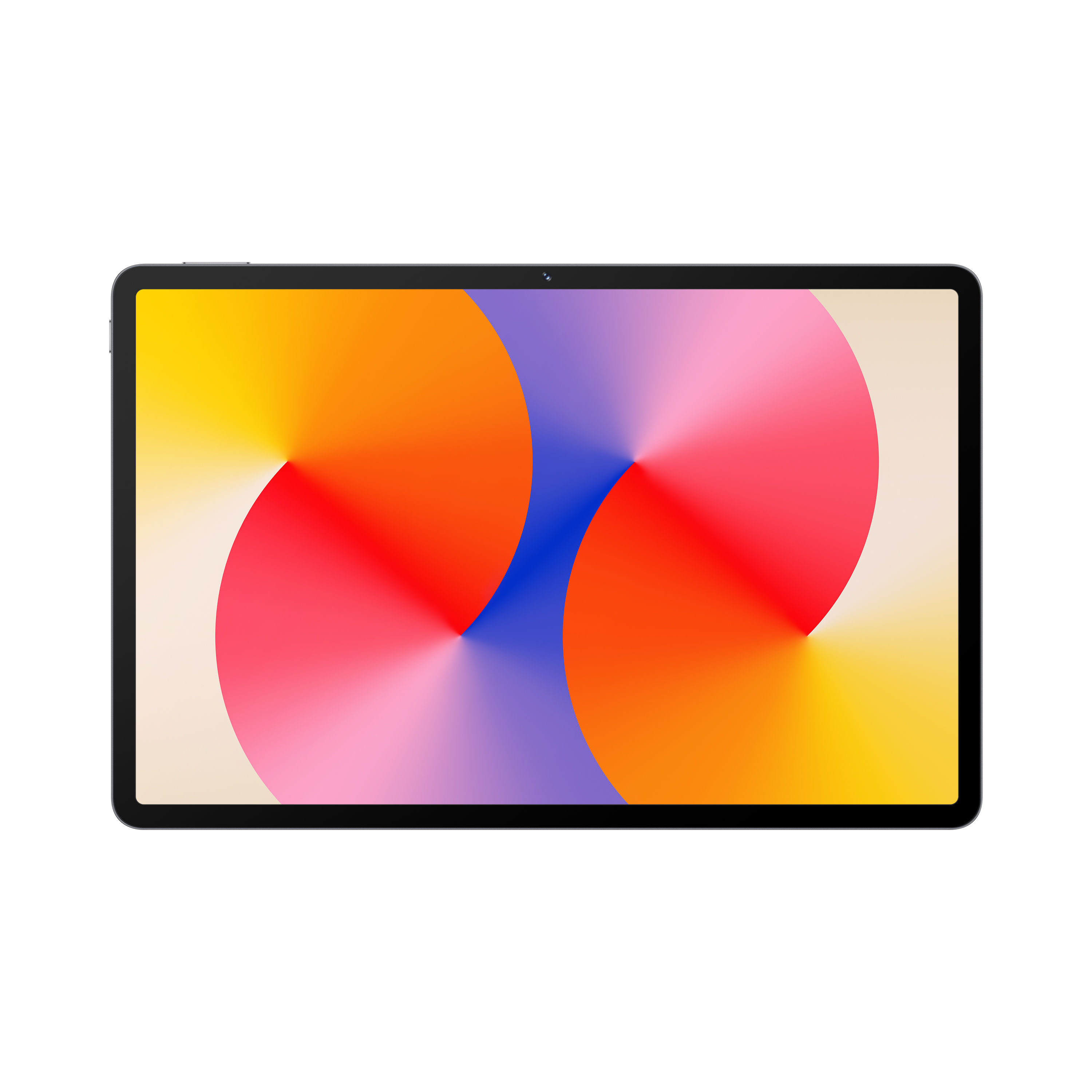 Un tablet con uno sfondo astratto colorato. Lo schermo mostra un design arancione, giallo, rosso e blu su sfondo bianco.