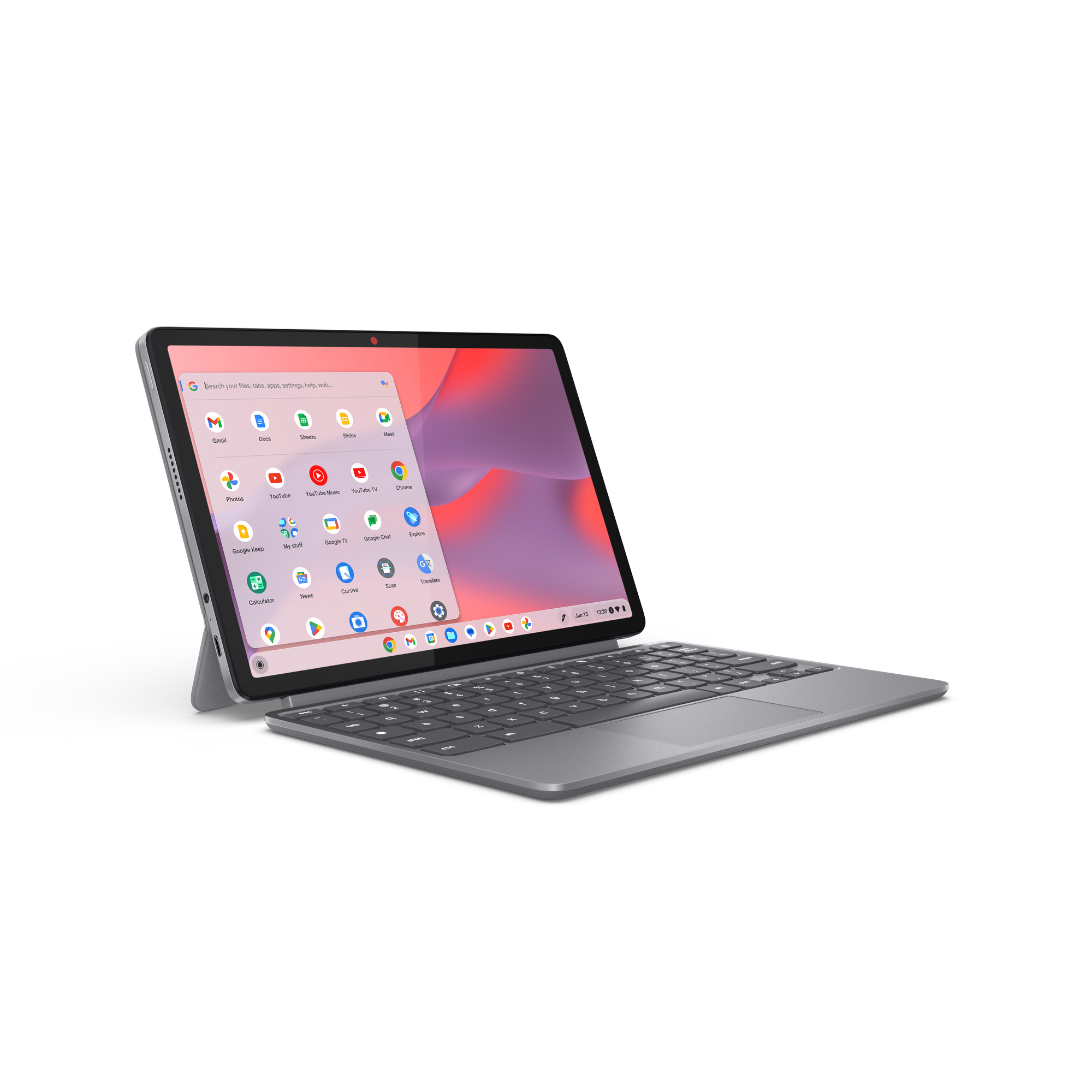 Un tablet con tastiera staccabile, che mostra la schermata iniziale con le icone delle app. Lo sfondo è bianco.