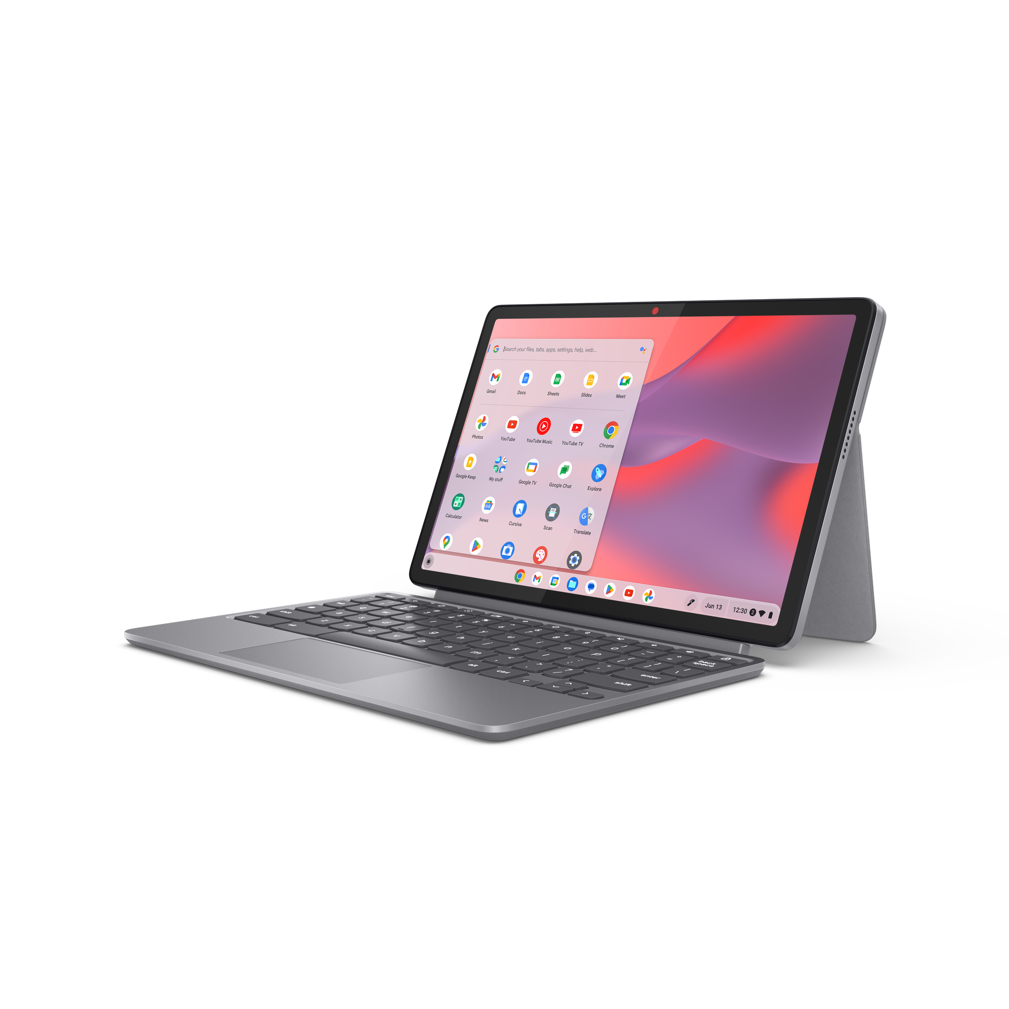 Un tablet grigio con tastiera è aperto, mostrando icone di app. Lo schermo mostra uno sfondo rosso e viola.
