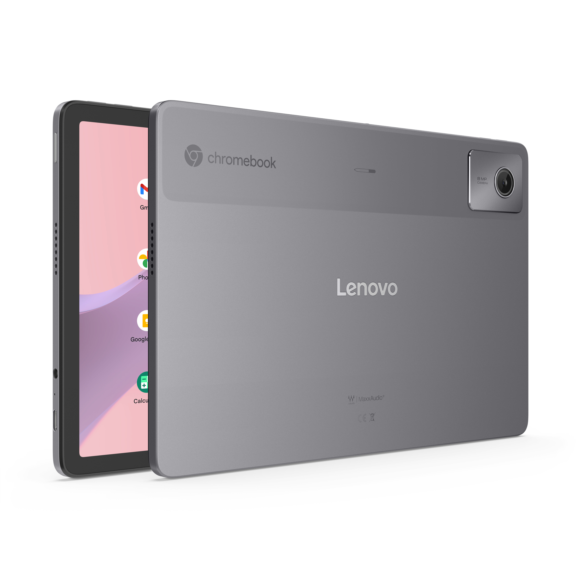 Un tablet Lenovo Chromebook, parzialmente aperto. Lo schermo mostra le icone delle app. Il retro è grigio con fotocamera e logo Lenovo.