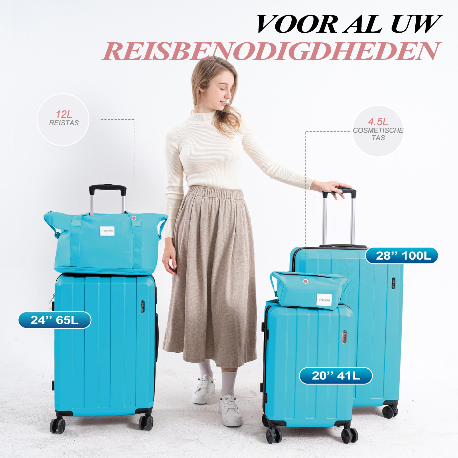 A woman stands with luggage. There are three blue suitcases and a cosmetic bag. Text in Dutch says 'Voor al uw reisbenodigdheden'.