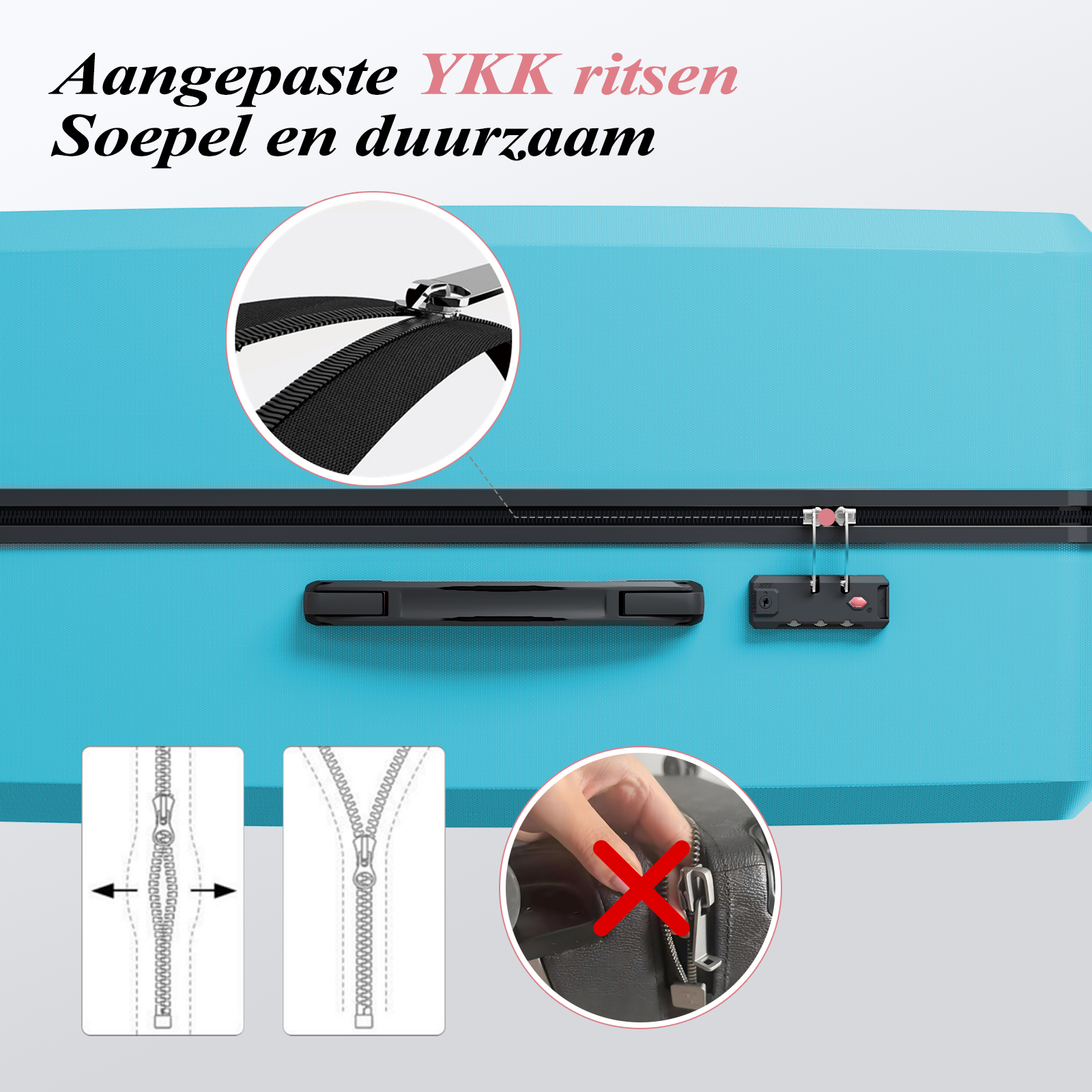 Blue suitcase with YKK zippers, a lock, and diagrams. Detail shots of the zipper and a hand with a red cross.