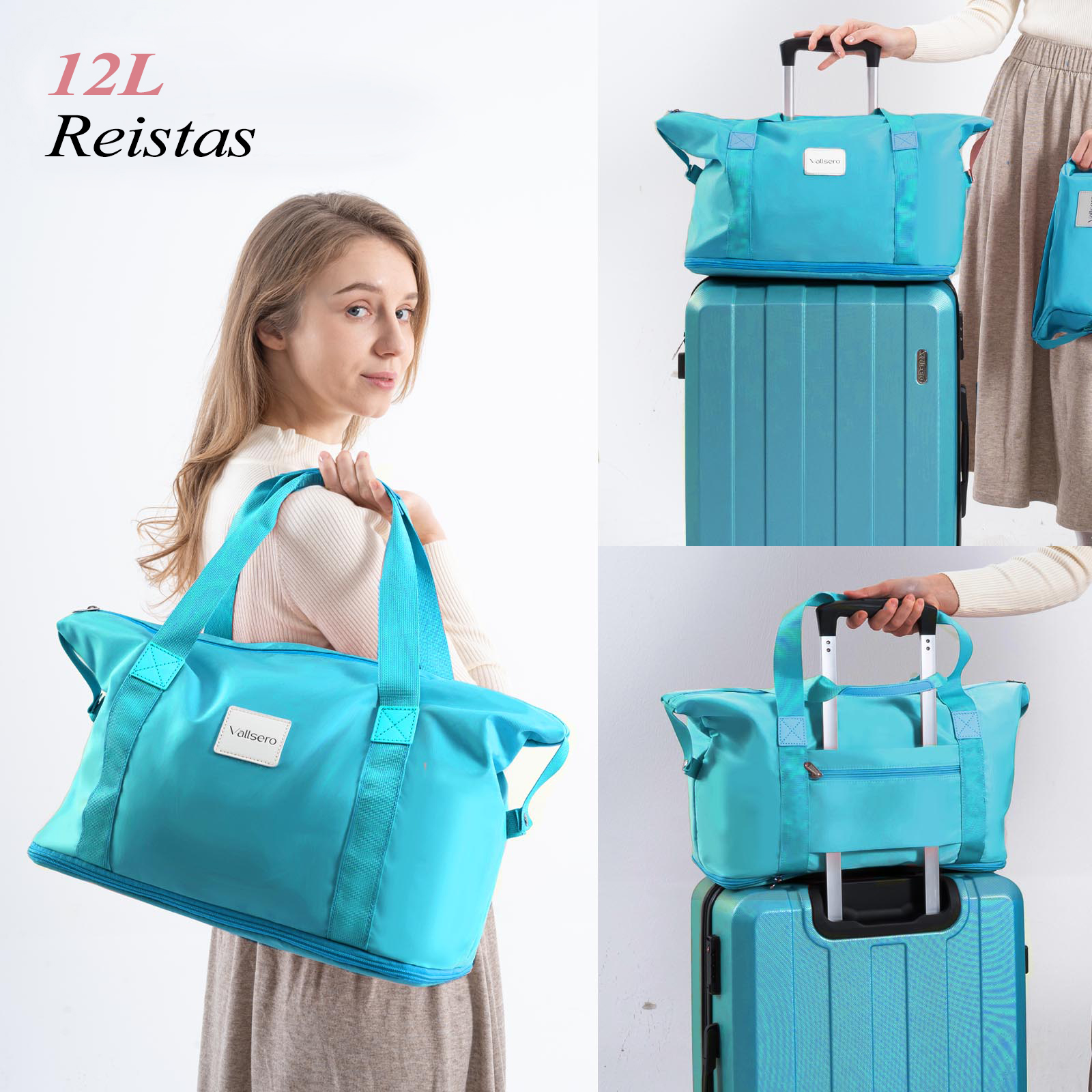 Woman holding a turquoise bag. Other turquoise bags on a suitcase. Text '12L Reistas'.