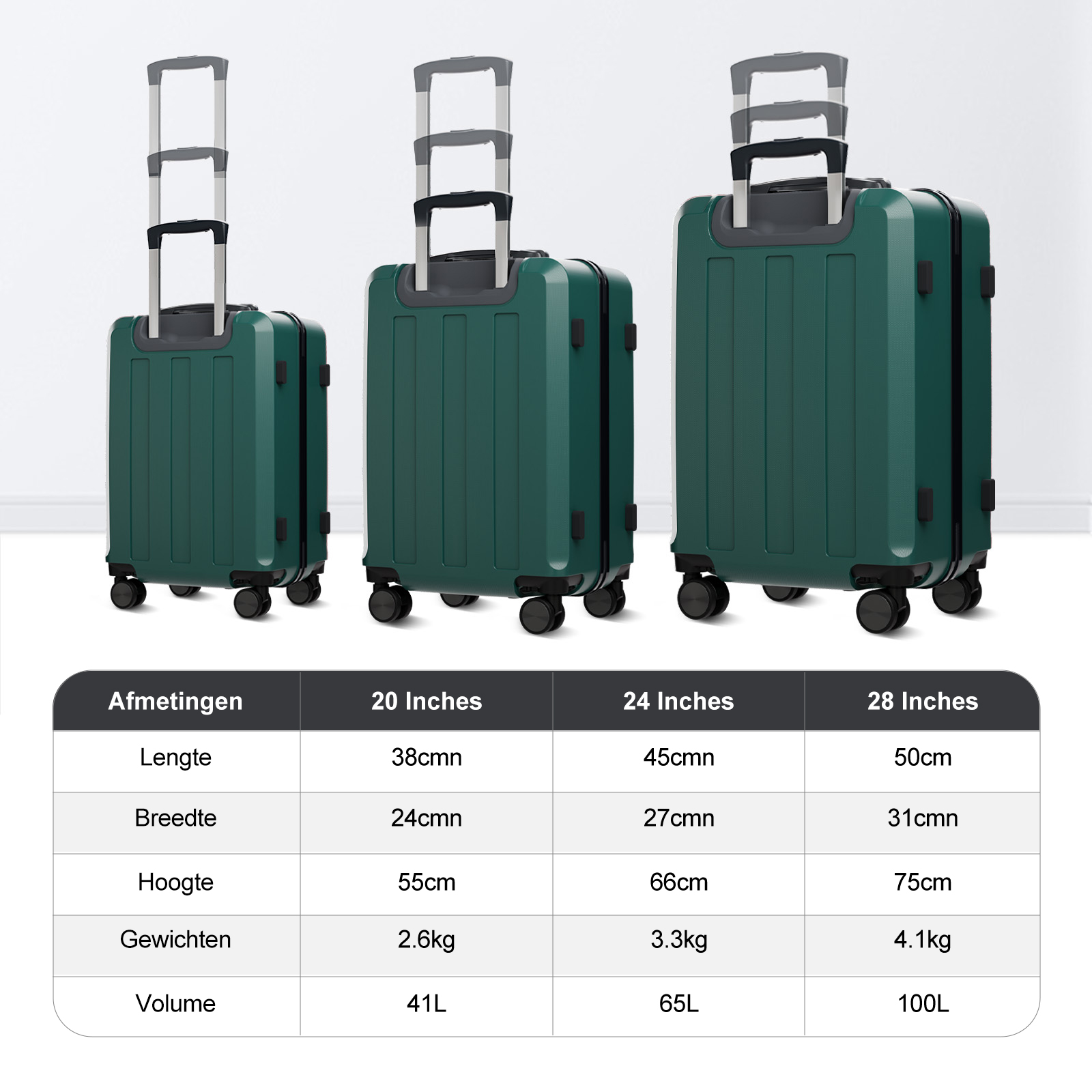Three green suitcases of different sizes are displayed. A table shows their dimensions, including length, width, height, weight, and volume.