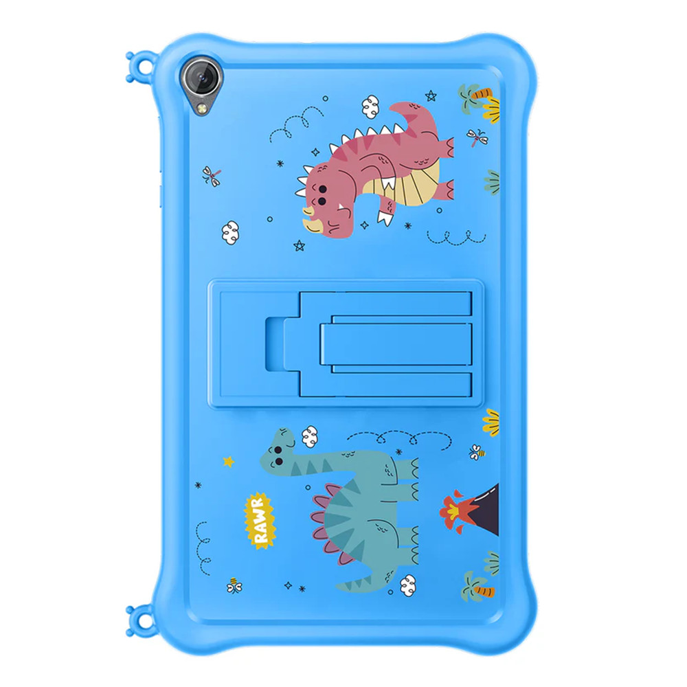 Niebieskie etui na tablet z ilustracjami dinozaurów. Ma podpórkę i aparat. Dinozaury są różowe i zielone.