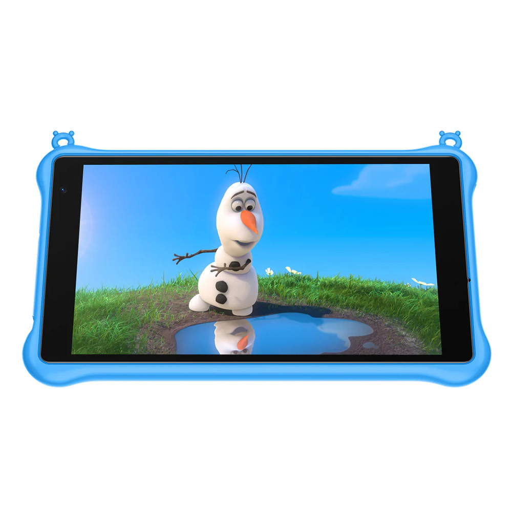 Niebieski tablet wyświetla Olafa z Krainy Lodu na zielonym wzgórzu z niebieskim niebem. Tablet ma niebieskie etui.