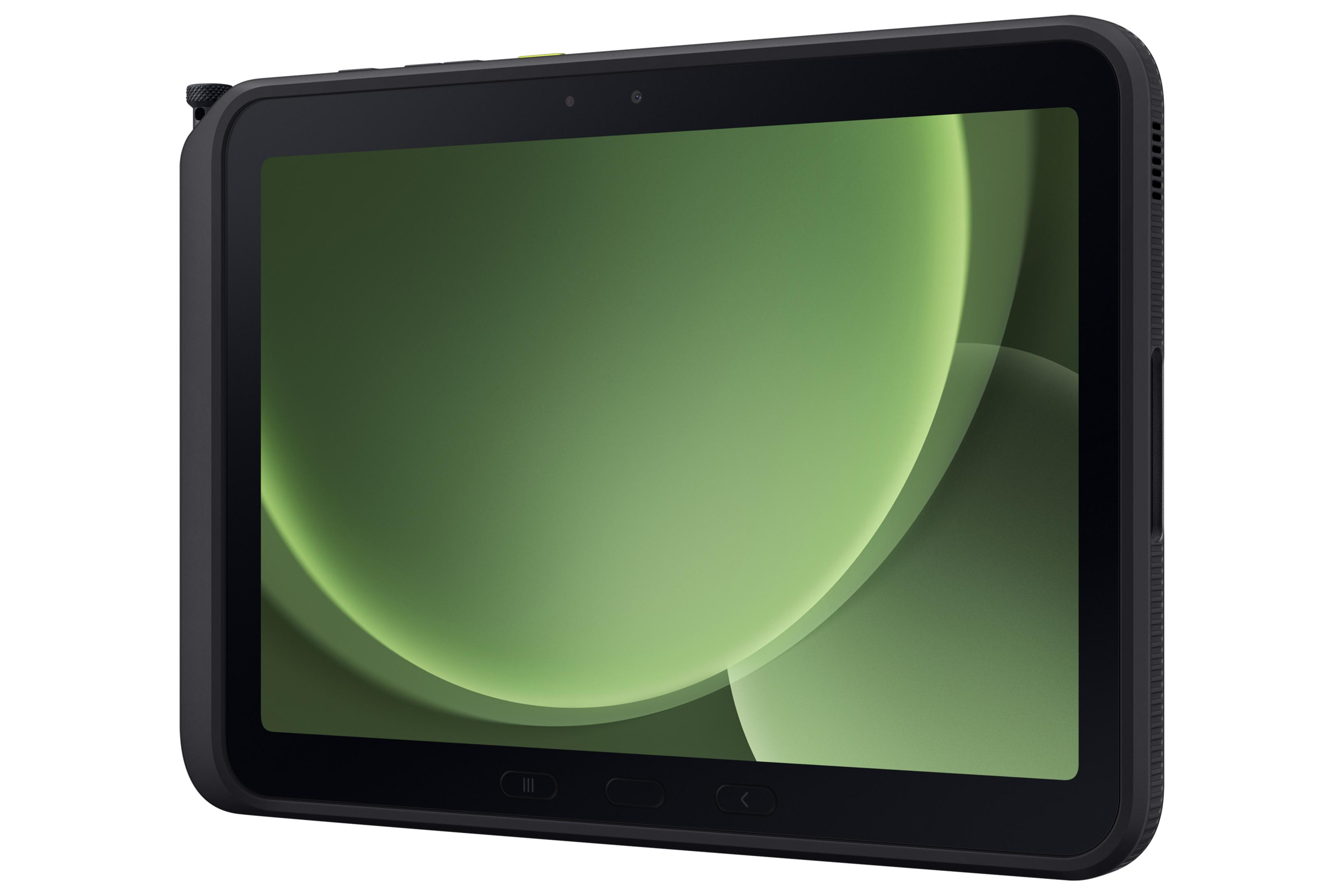 Czarny tablet z zielonym ekranem. Ekran wyświetla abstrakcyjne kształty. Tablet ma wytrzymałą konstrukcję.