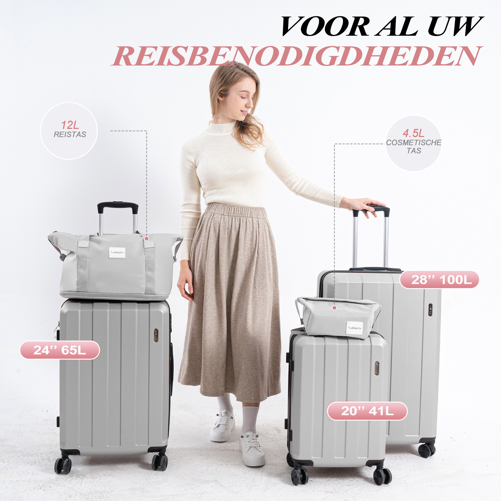 A woman stands with luggage. There are three suitcases and a bag. Text in Dutch says 'For all your travel needs'.