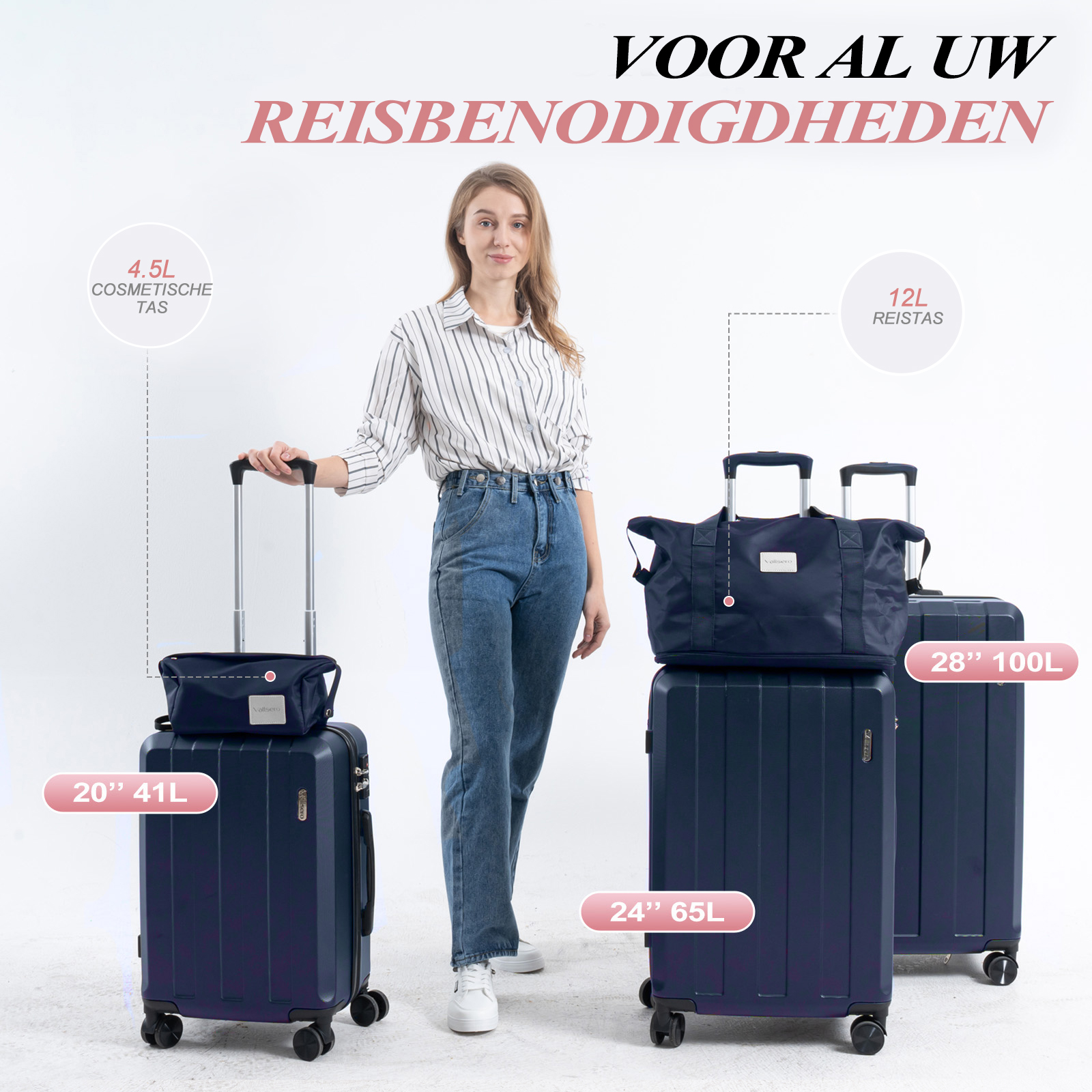 Woman with luggage. Three suitcases and a cosmetic bag. Text: Voor al uw reisbenodigdheden.