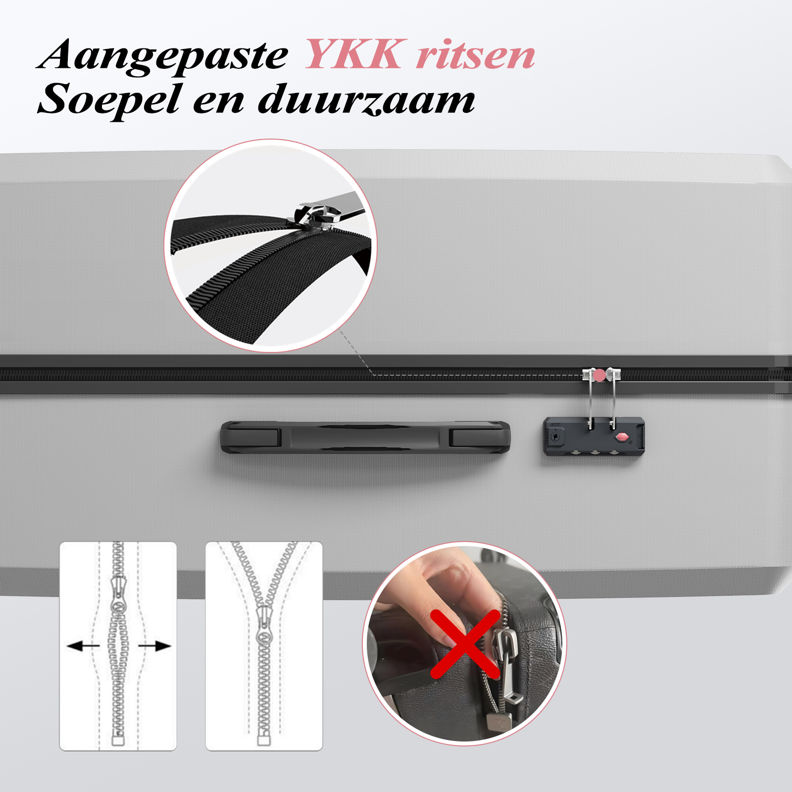 Grey suitcase with black zipper details, handle, and lock. Close-up shows YKK zipper and diagrams. Text in Dutch.