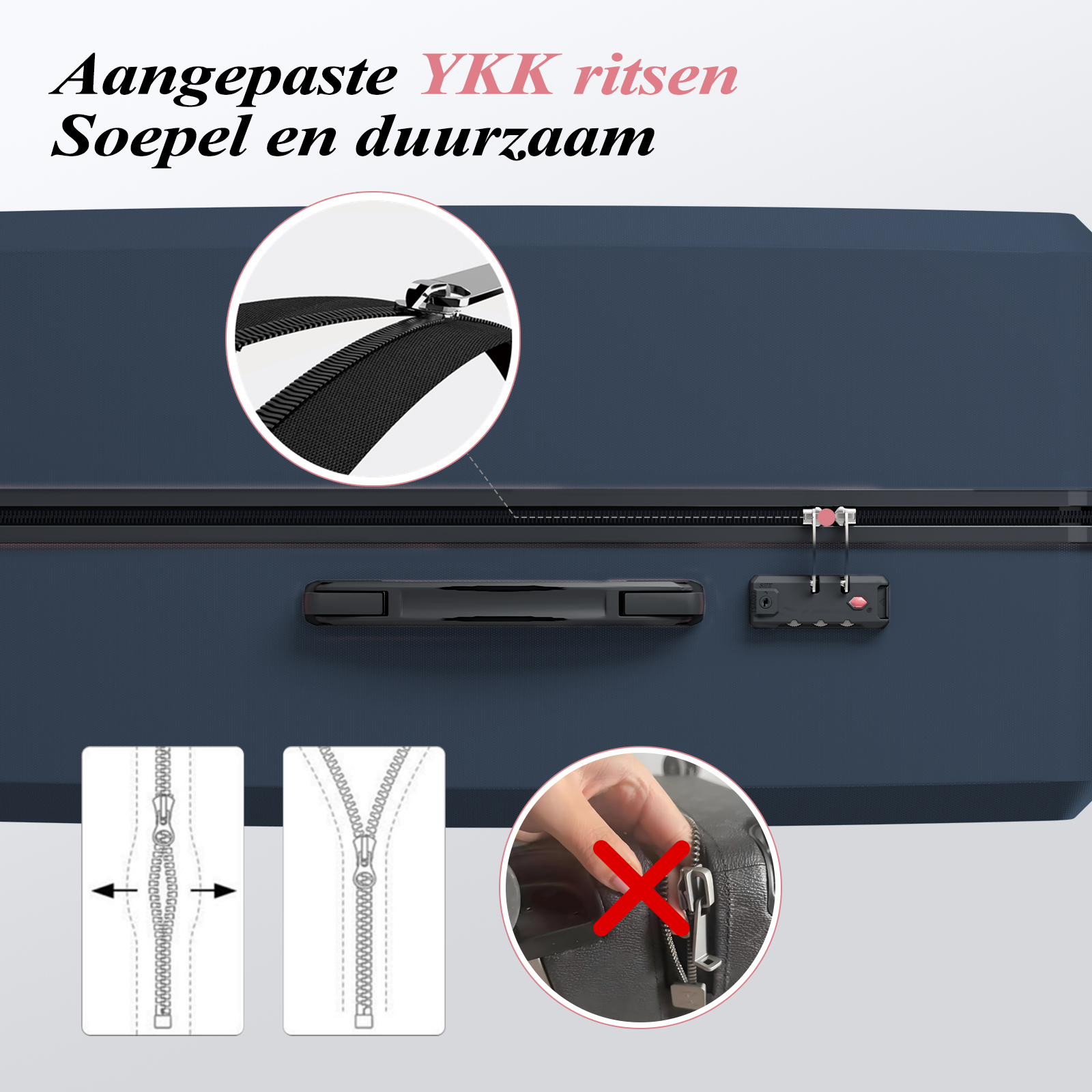 Image shows a suitcase with YKK zippers. Close-ups detail the zipper and lock. Text in Dutch reads: 'Adapted YKK zippers, smooth and durable.'