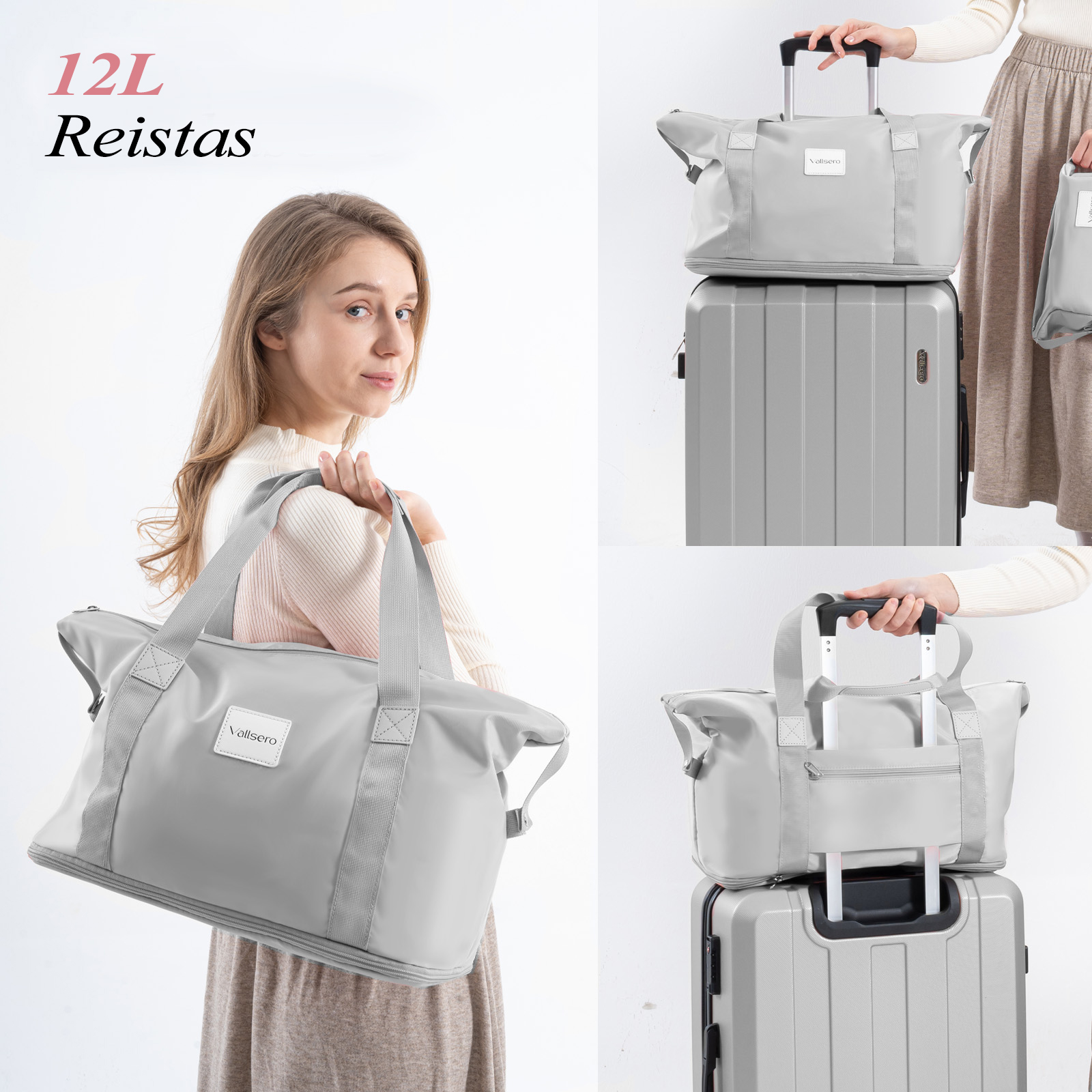 Woman with a gray travel bag. Two other bags and a suitcase are also visible. The bags have the brand name 'Vollsero'.