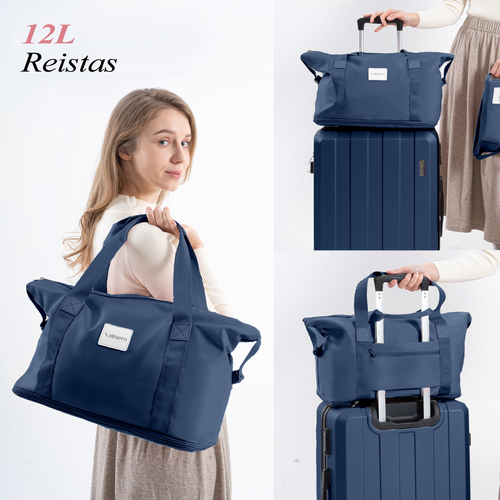 Woman with a blue travel bag and suitcase set. Other bags and suitcases are also shown. White background.
