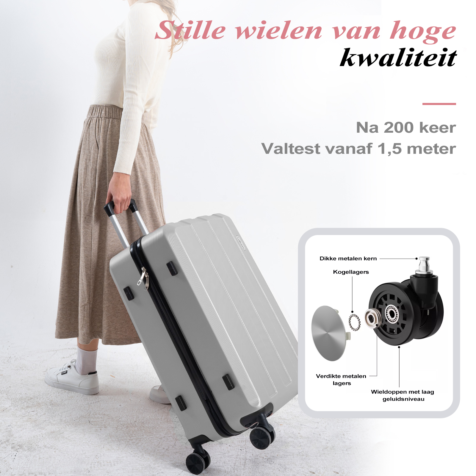 A person holding a gray suitcase. Text on the background says 'silent wheels of high quality' and wheel details.