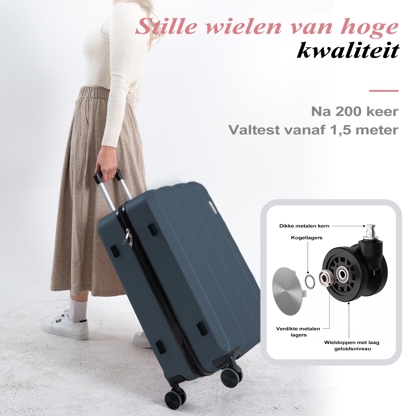 A person holds a blue suitcase. Text on the image states the suitcase has silent wheels and has been drop-tested.